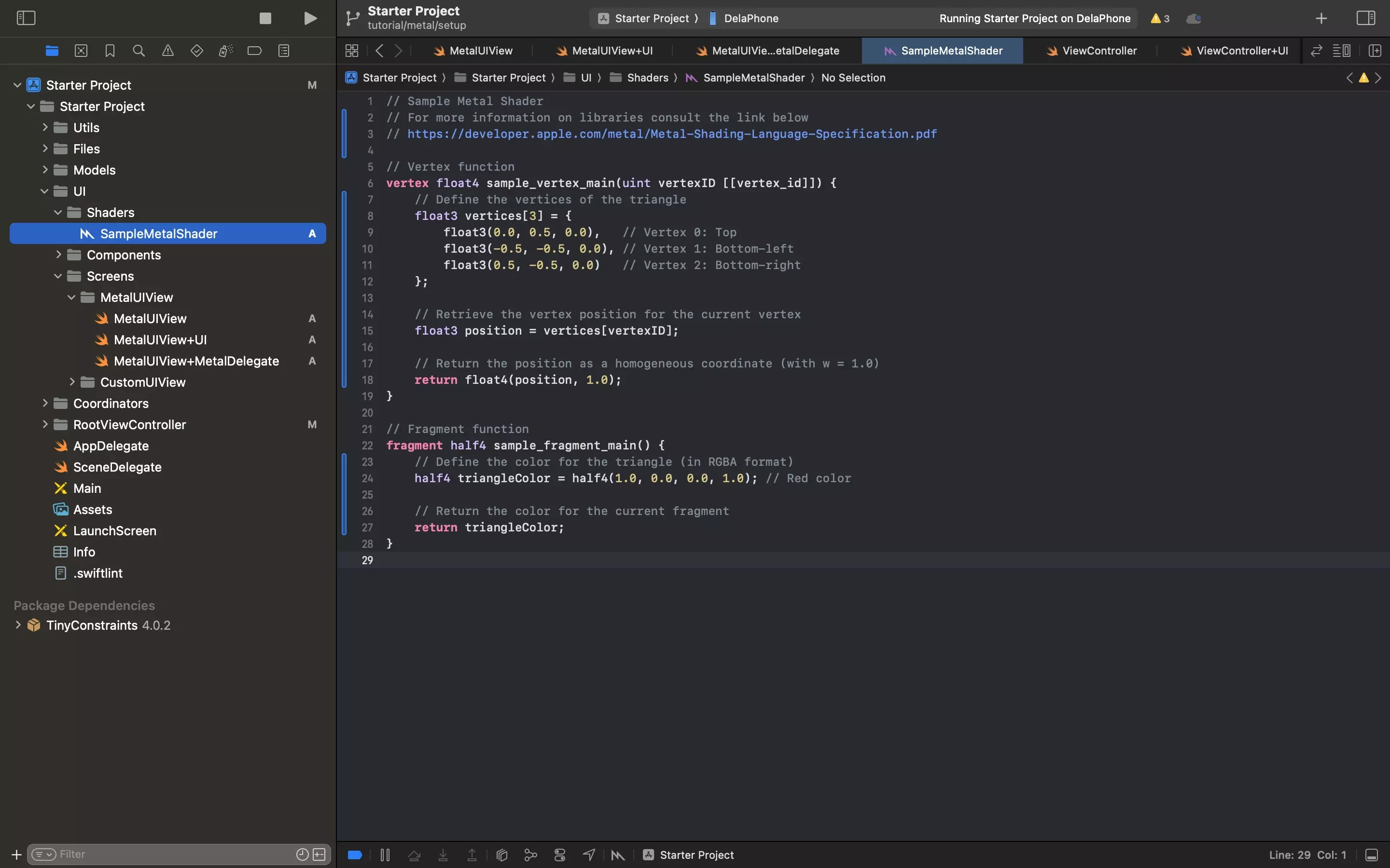 A screenshot of Xcode showing the code for the sample metal shader.