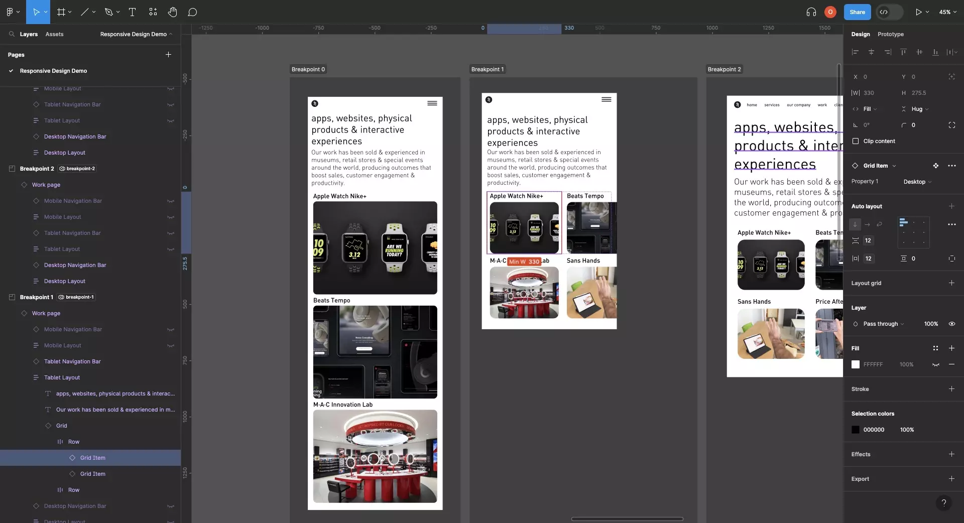 A screenshot of Figma showing how the grid doesn't resize correctly because the grid item has a minimum width that is too big.