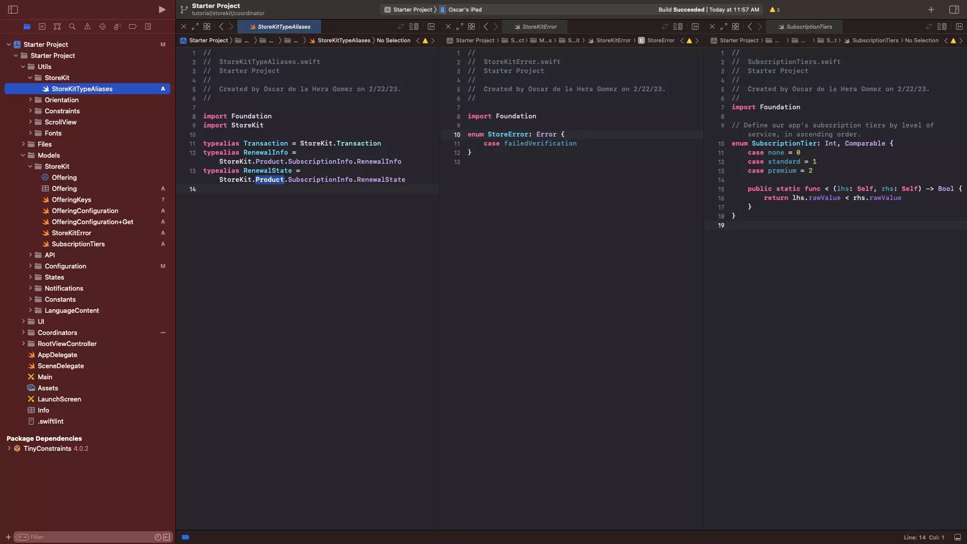A screenshot of XCode showing the files created for the additional models and utilities.