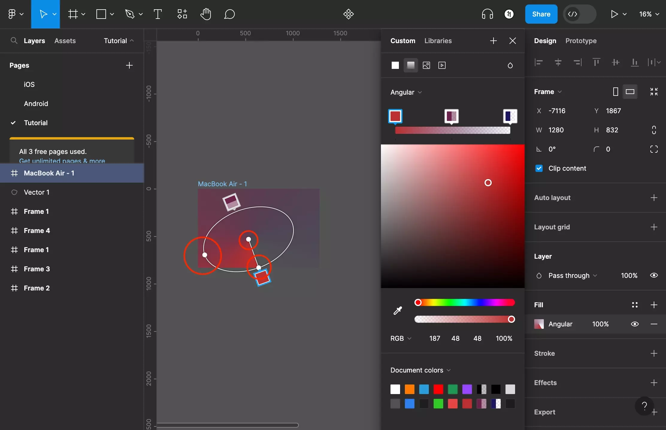 A screenshot of Figma that shows you how to frame that has been selected. The color menu is open and is set to the gradient mode is selected with an Angular type. On the Figma canvas we have highlighted the points that appear on the frame which allow you to adapt the gradient appearance.