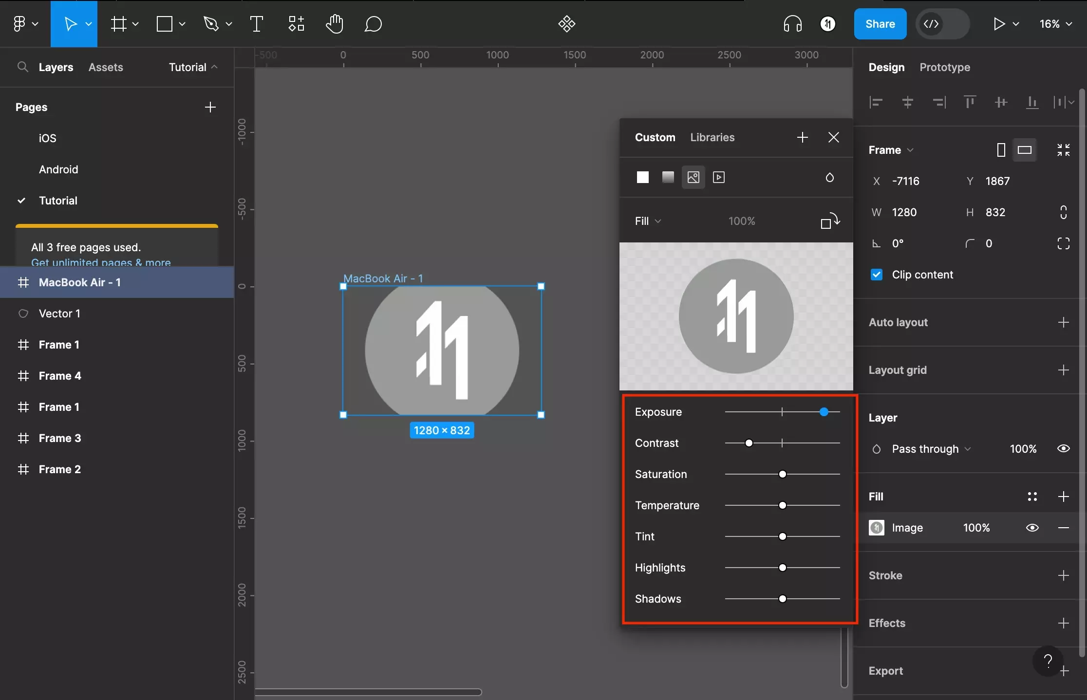 
<p>A screenshot of Figma that shows you how to frame that has been selected. The color menu has been opened and has been set to an image mode. An image has been uploaded and we have shown how how can modify an image is appearance by using the effects configuration  sliders below the image upload tool.</p>
<p></p>