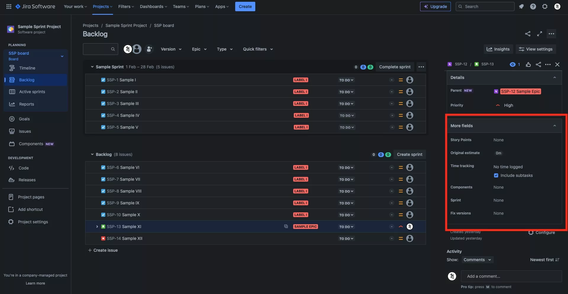 A screenshot of JIRA showing the "more fields" section of a JIRA issue. In that section you can add story points or time estimates.