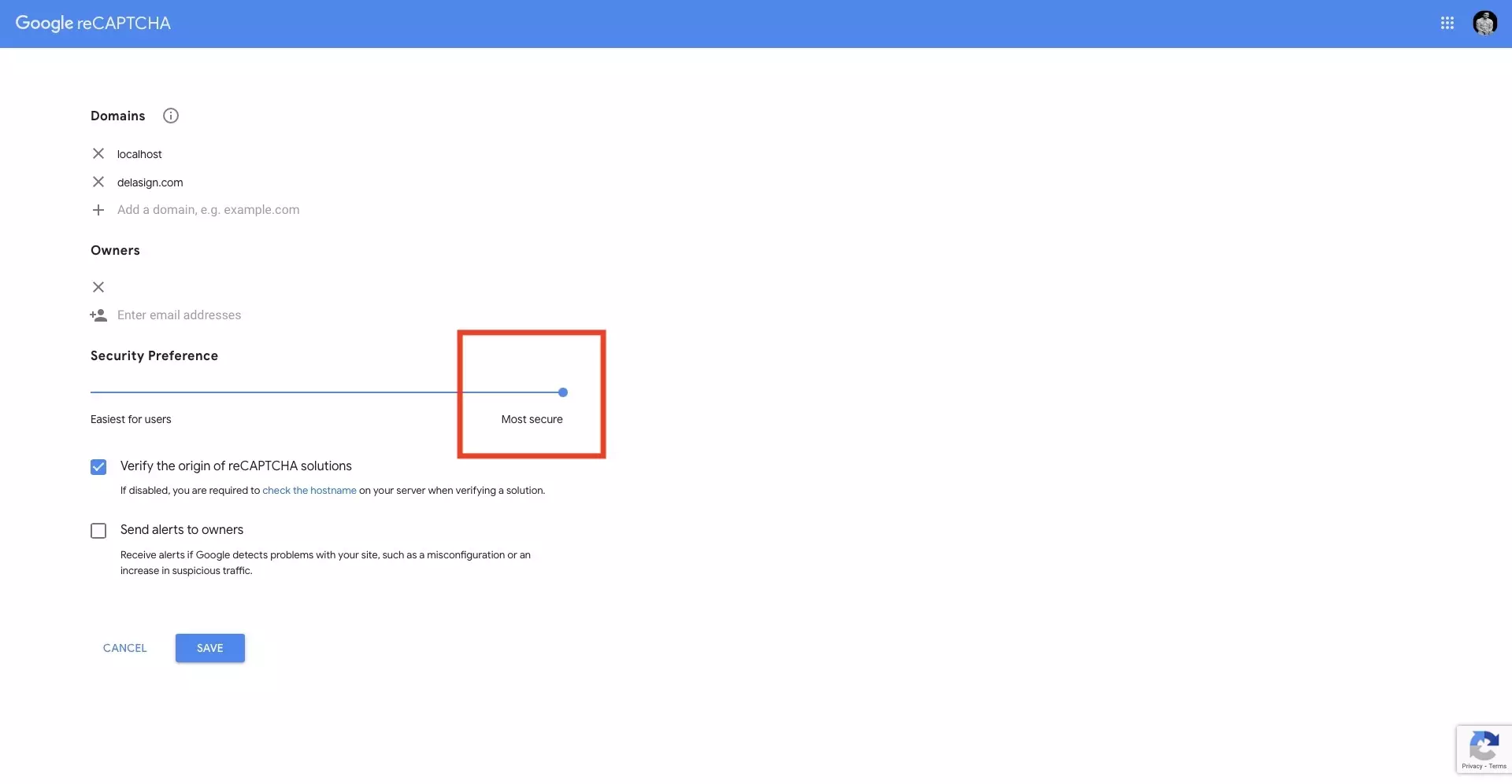 A screenshot of the Google reCAPTCHA v2 site settings page. Highlighted is the "Secure Preference" section. We have set the security preference to "most secure" by sliding the slider to the far right.