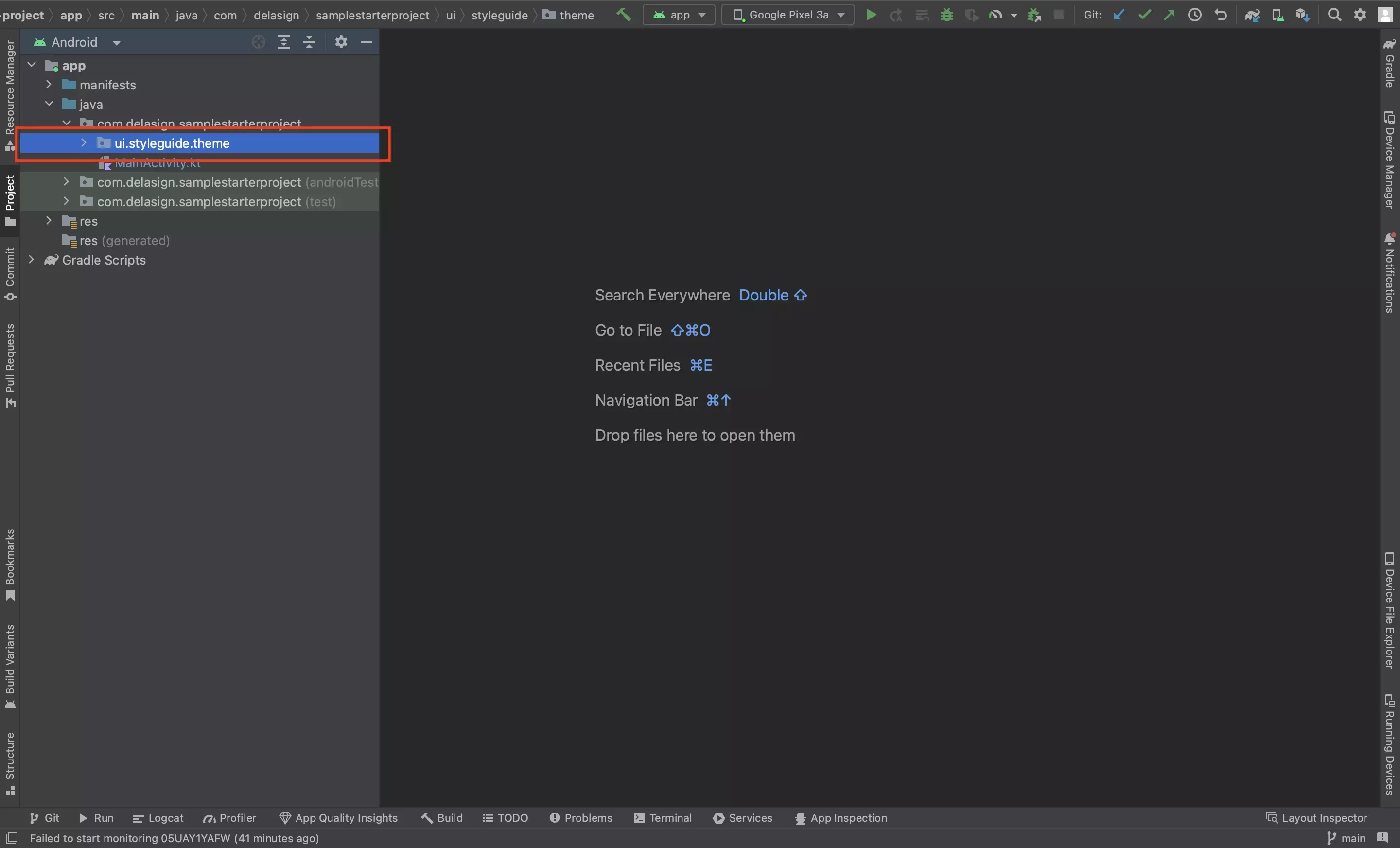 A screenshot of Android Studio, showing the Theme inside the Styleguide.