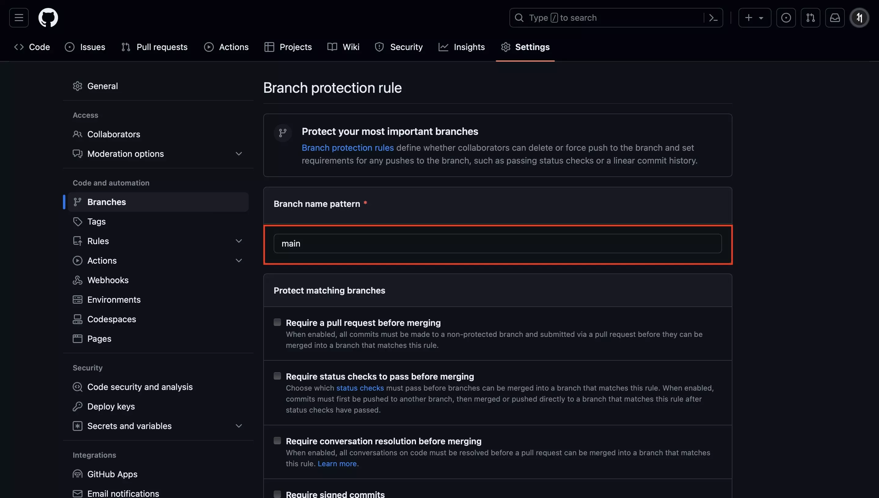 
<p>A screenshot of Github showing the page that allows you to create branch protection rules. We have highlighted the branch pattern name input, enter the name of the branch here.</p>
<p></p>