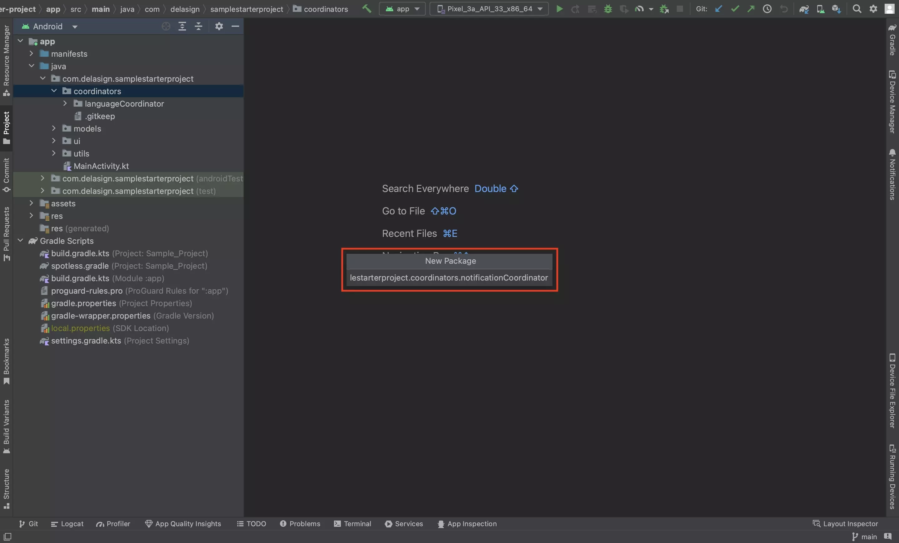 A screenshot of Android Studio showing us naming the package notificationCoordinator.