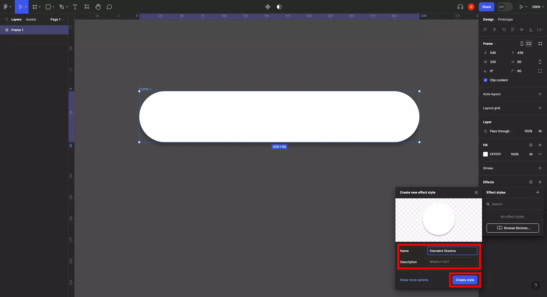 A screenshot of Figma showing a frame with a drop shadow effect applied. Highlighted is the create effect style window that appears when you click the + on the effects styles menu. We have highlighted the Name and Description inputs - fill these in, but note that it is only required that you give the effects style a name. Once you’re done, click Create Style on the bottom right of the create effect style window.