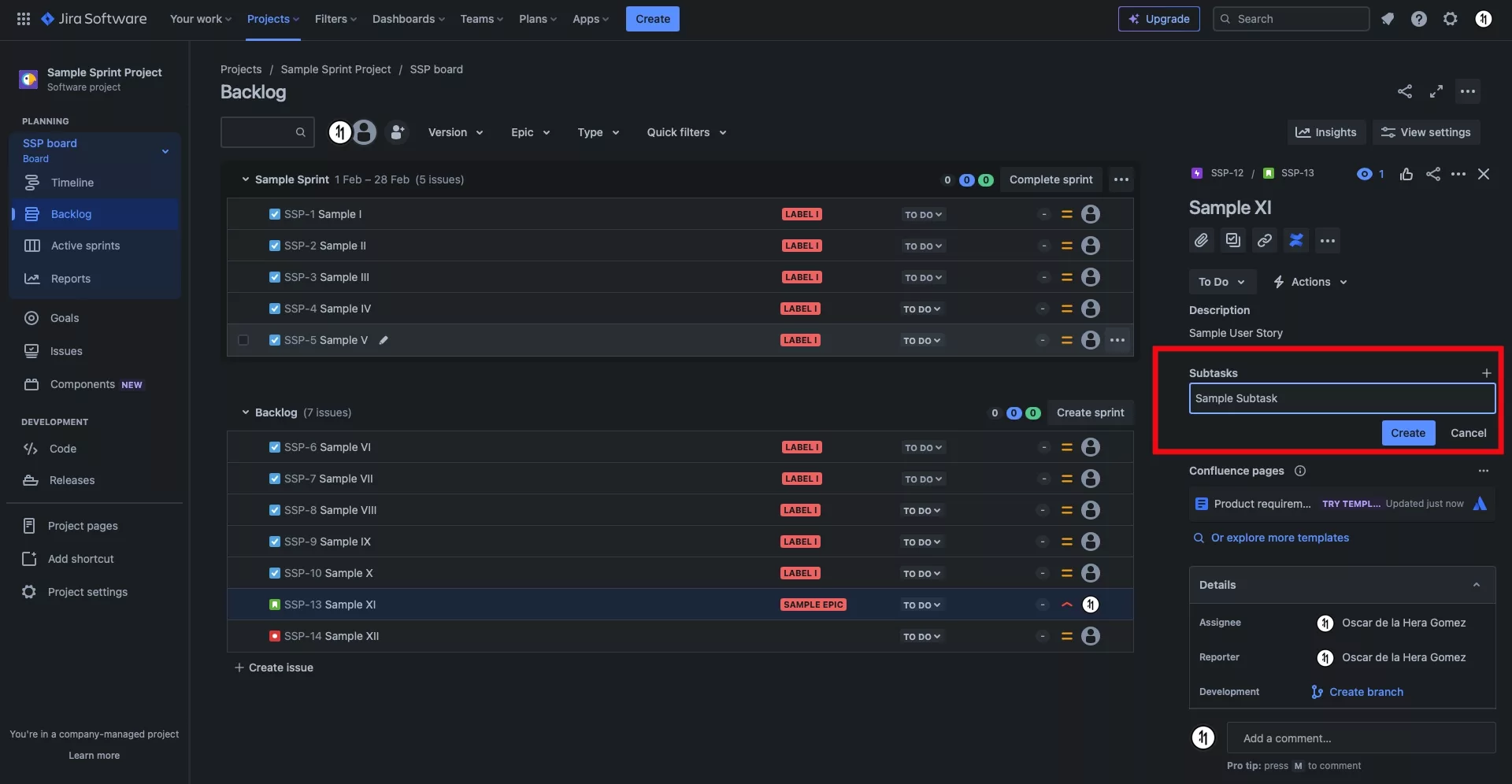 A screenshot of JIRA highlighting the subtask name input that appears and the create and cancel button that appear after you attempt to create a subtask.