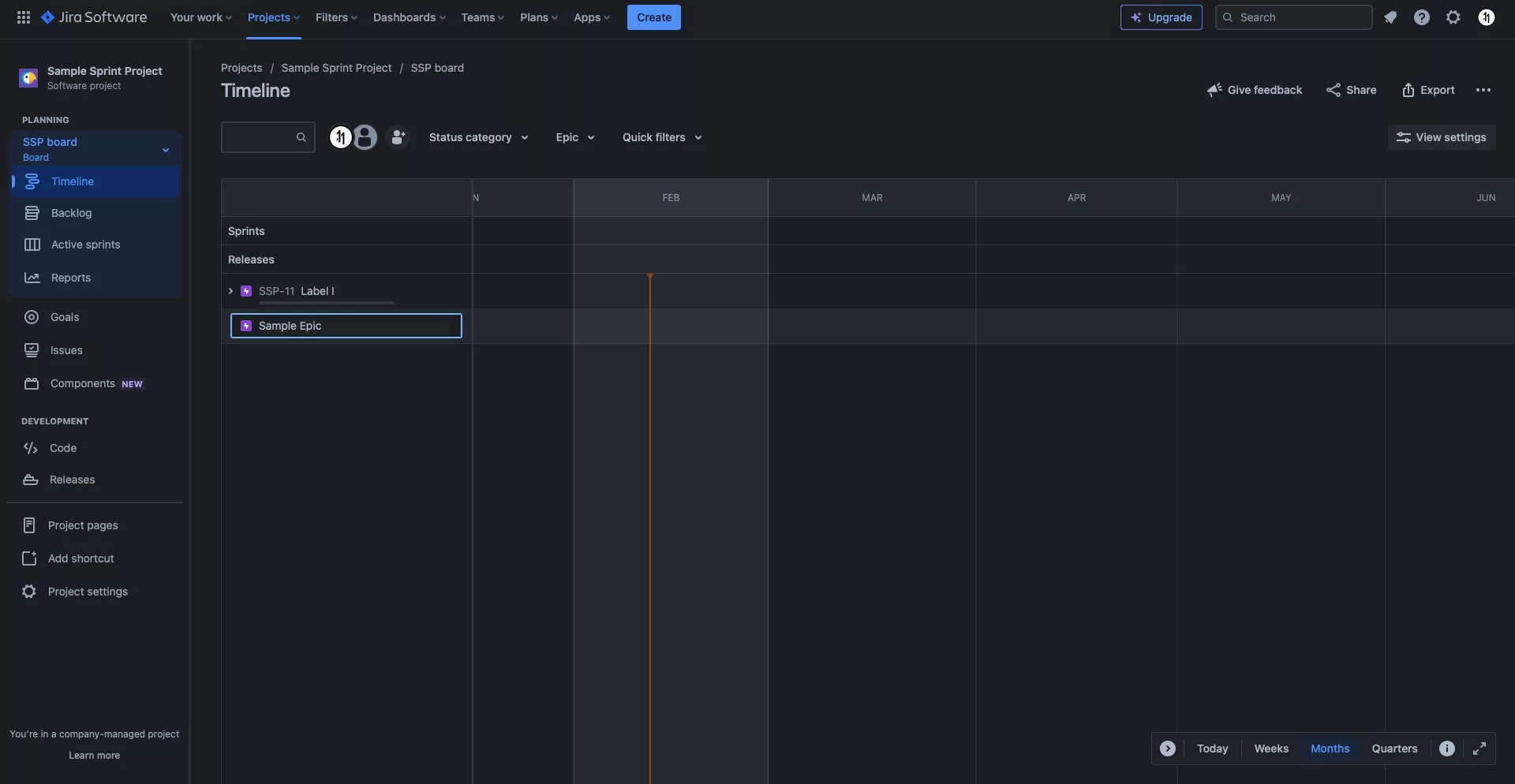 A screenshot of the JIRA timeline showing that you can enter a name into the epic input. Press enter to save the name.