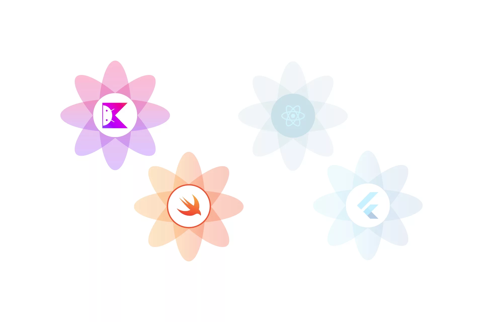 Four flowers that represent Kotlin, Swift, Flutter and React Native side by side. The Kotlin and Swift flowers can be seen clearly whilst the Flutter and React Native flowers have a slight transparency.