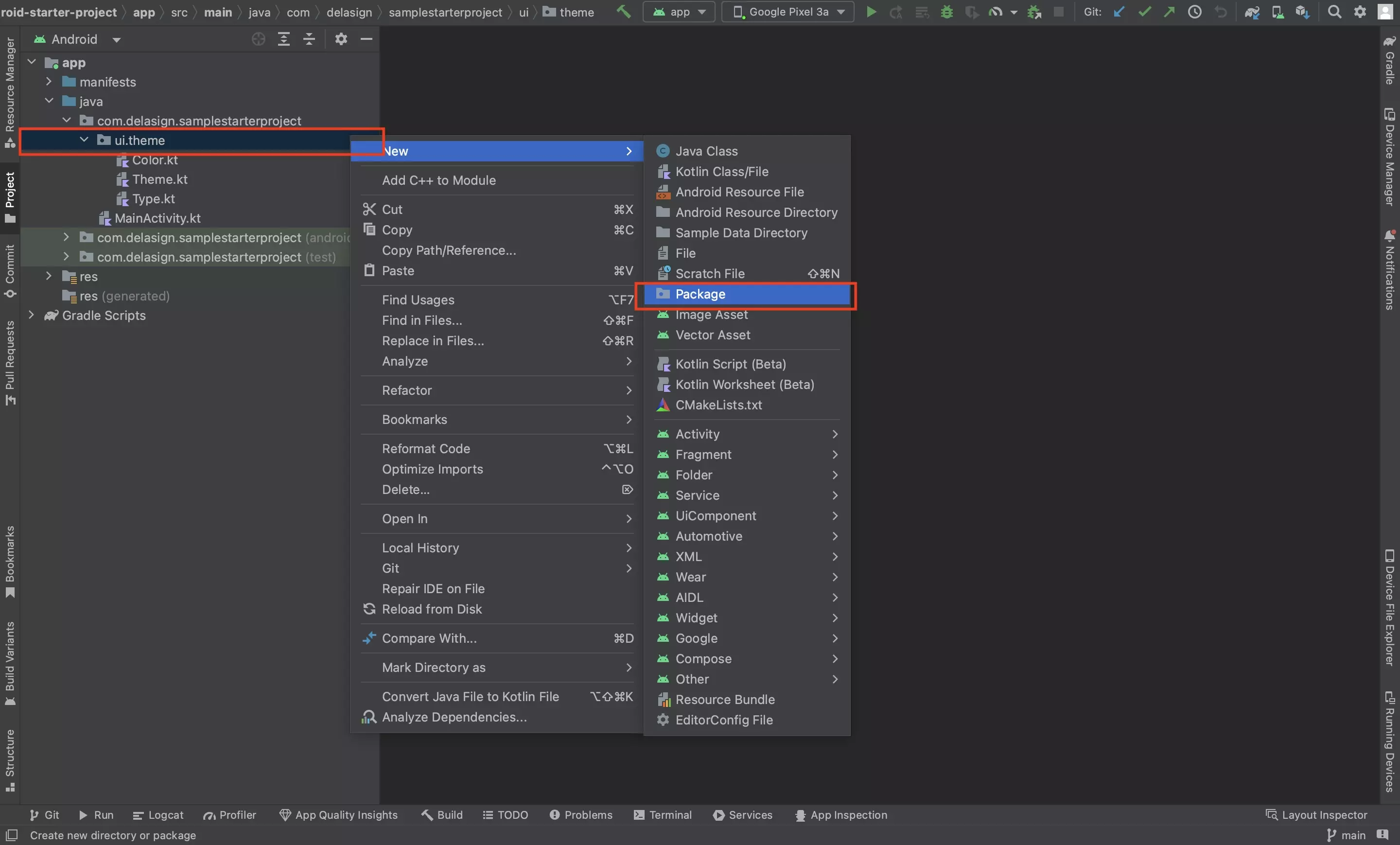 A screenshot of Android Studio showing you how to create a new package. We have highlighted the ui.theme folder.