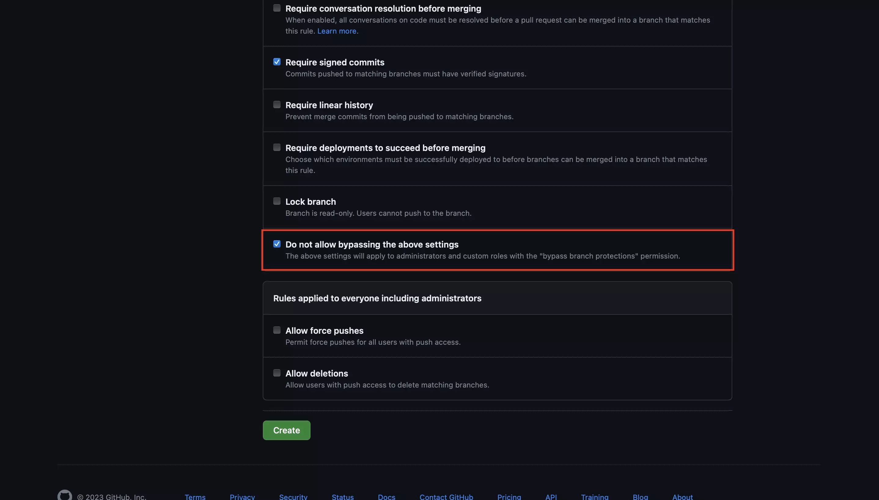 A screenshot of Github showing the page that allows you to create branch protection rules.  We have highlighted the “Do not allow bypassing the above settings” option - click this checkbox to make sure no one can break the rules, not even administrators. If you do not click this checkbox, administrators will be able to break the rules.