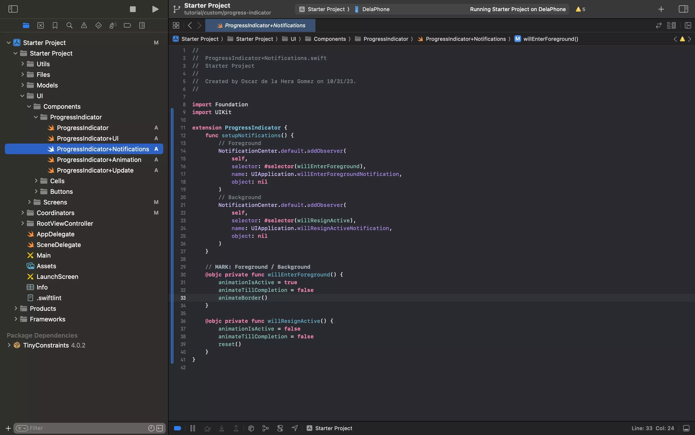 A screenshot of XCode showing the ProgressIndicator+Notifications.swift file. Code available below.