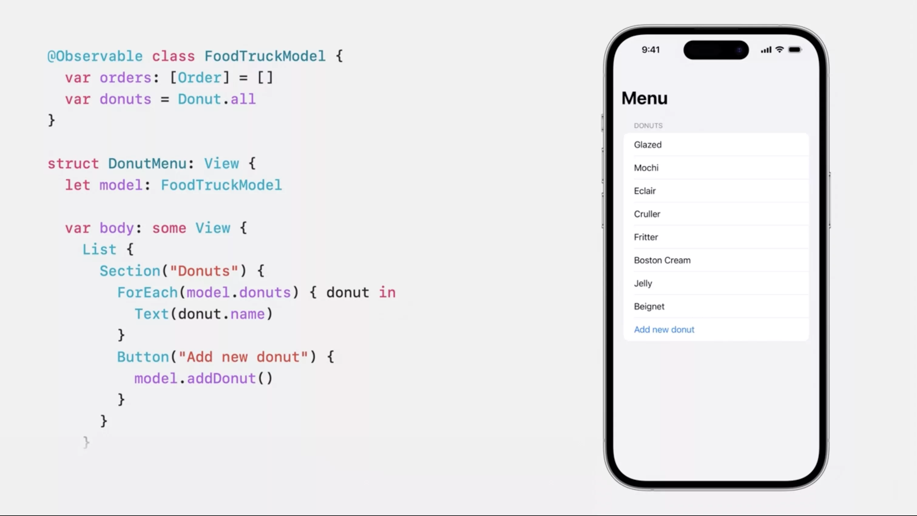 An example use of an Observable macro taken from Apple's WWDC23 Discover Observation in SwiftUI.