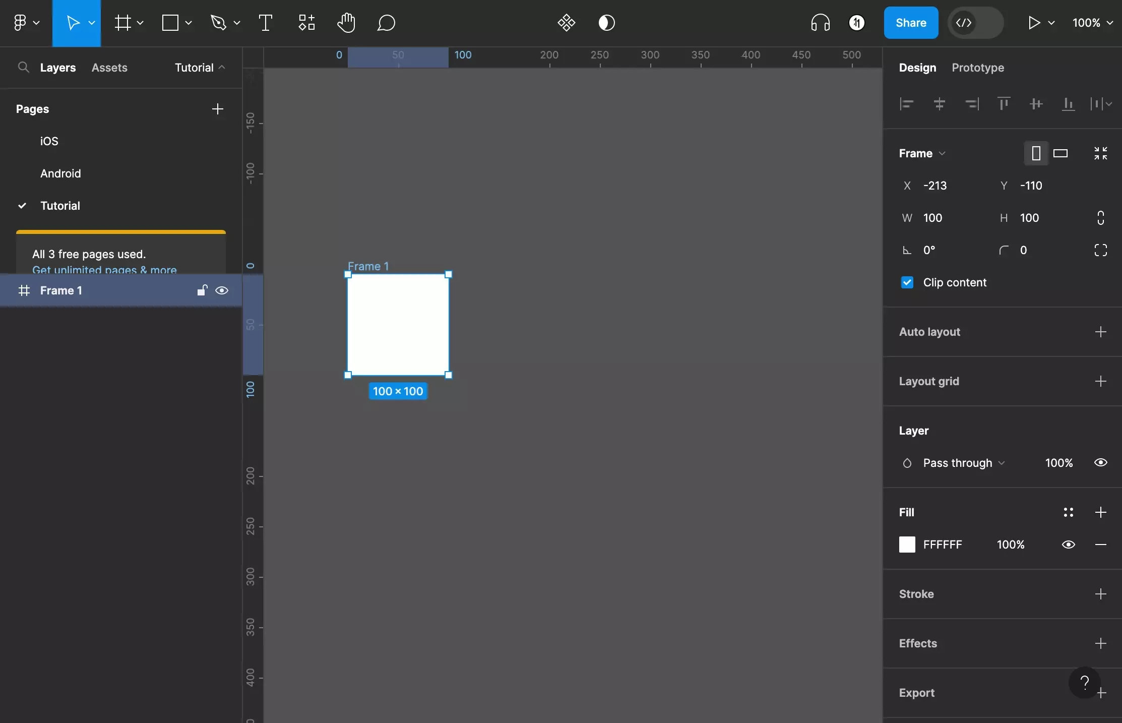 A screenshot of Figma that shows you how a 100px by 100px frame is created if you click anywhere on the Figma canvas after selecting the frame tool.