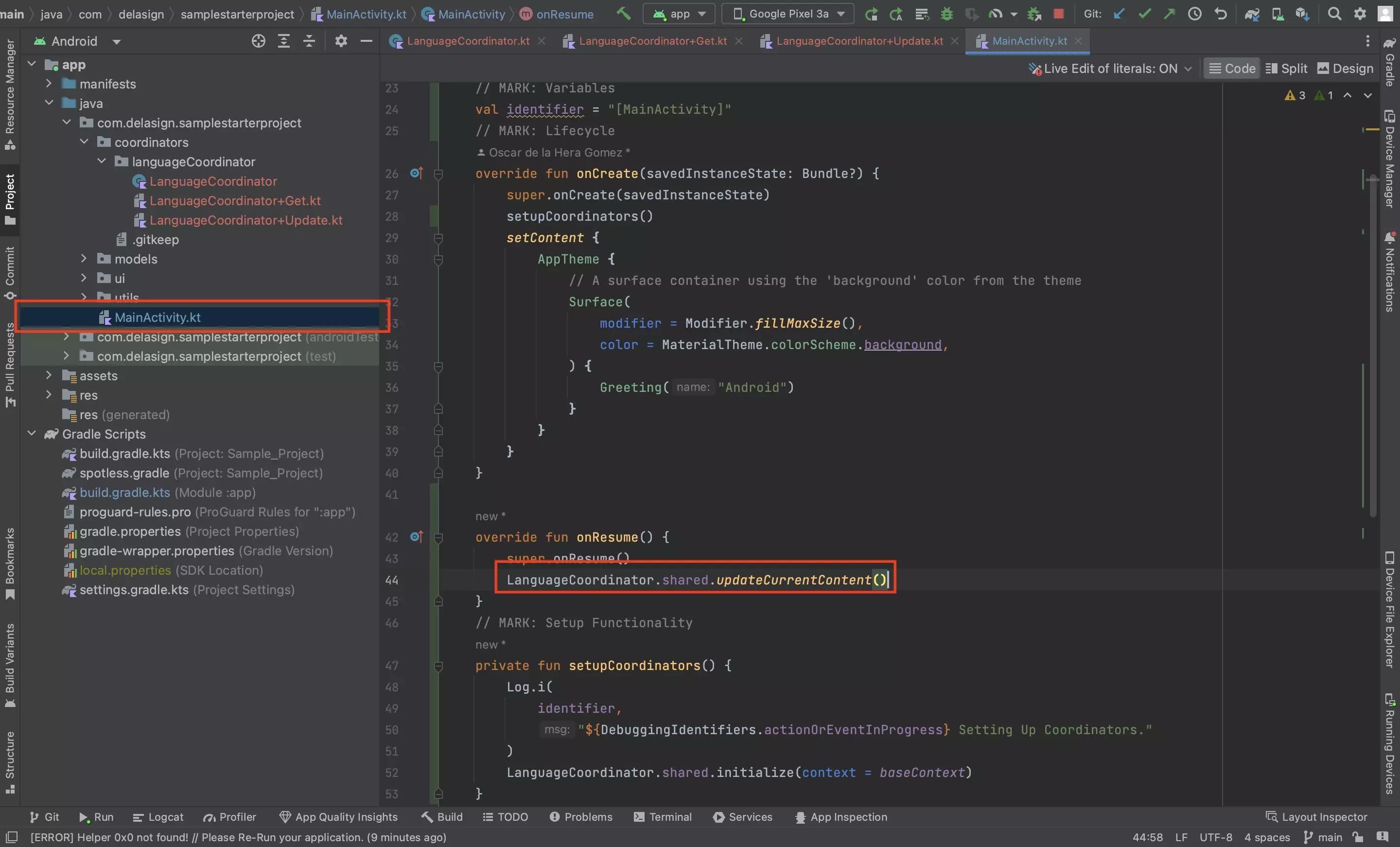 A screenshot of Android Studio showing how to update the content of the Language Coordinator when the app comes in back to the foreground in the MainActivity.kt file.