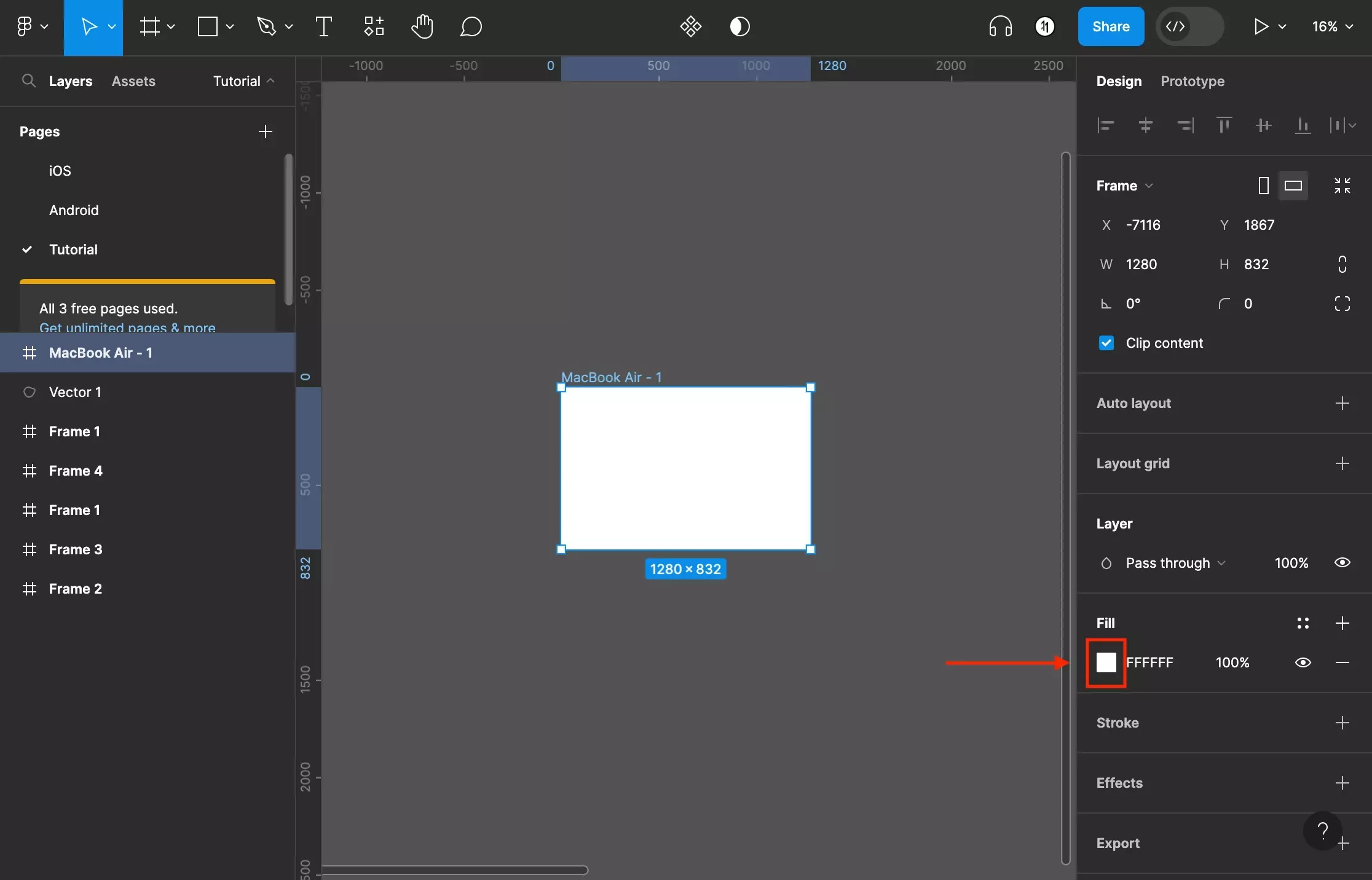 A screenshot of Figma that shows you how to frame that has been selected. Highlighted on the right menu side bar under fill is a box that has a color on it. Click it to open the color menu.