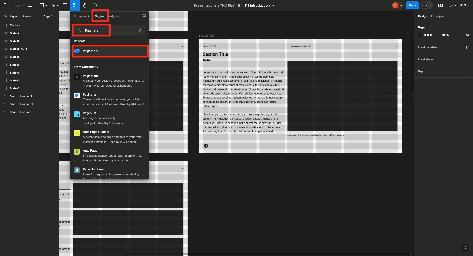 A screenshot of Figma showing how we used the Plugins window to search for the paginate plugin. If you click the plugin, a window show appear that allows you to run it.