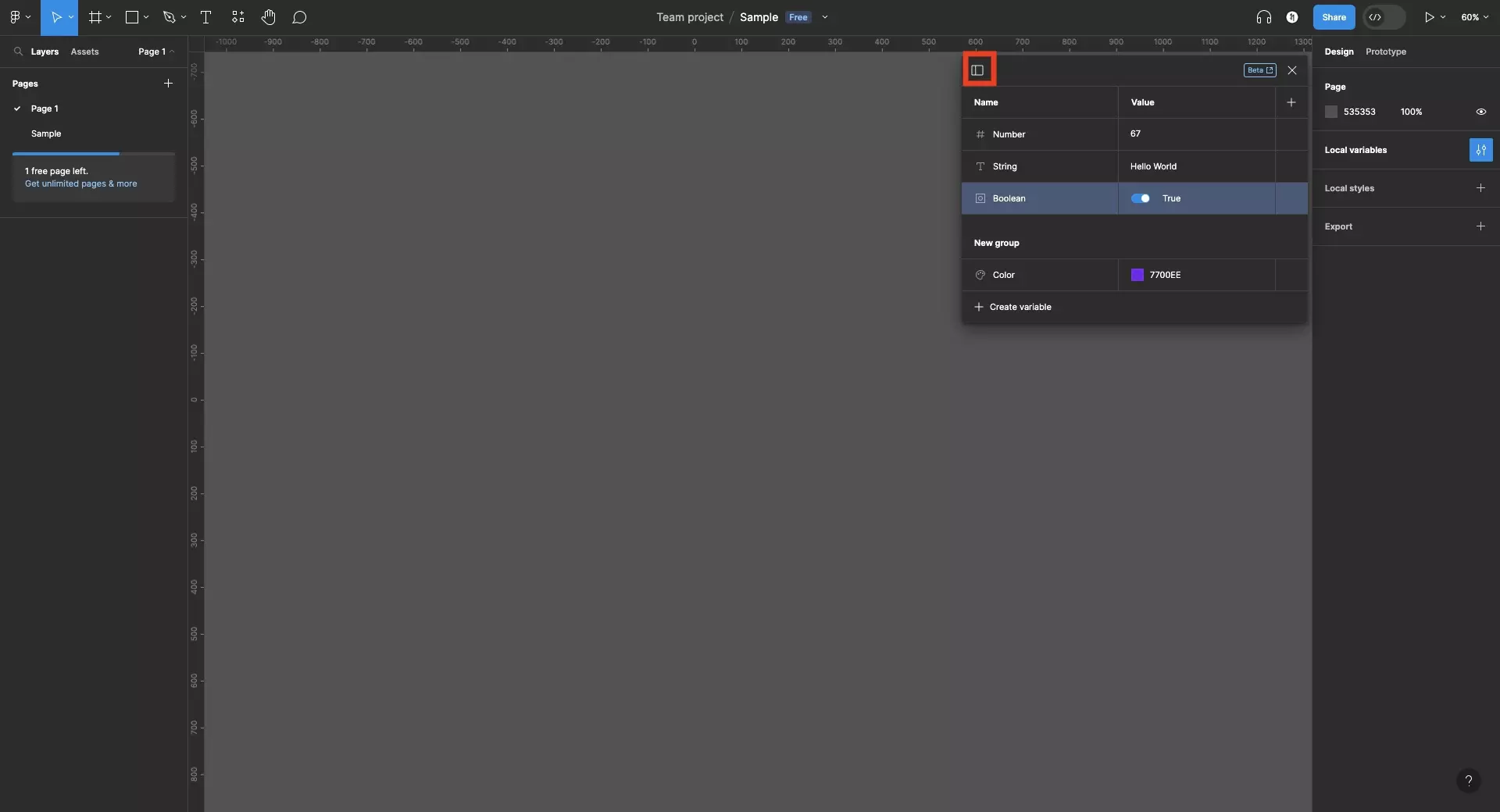 
<p>A screenshot of Figma showing the Variable window open, it shows 4 variables with default names. The four variables are a color, number, string and boolean.  They are split across two groups, “all variables” and “new group”. Highlighted on the top left of the variables window is the sidebar icon. Click it to open the sidebar.</p>
<p></p>