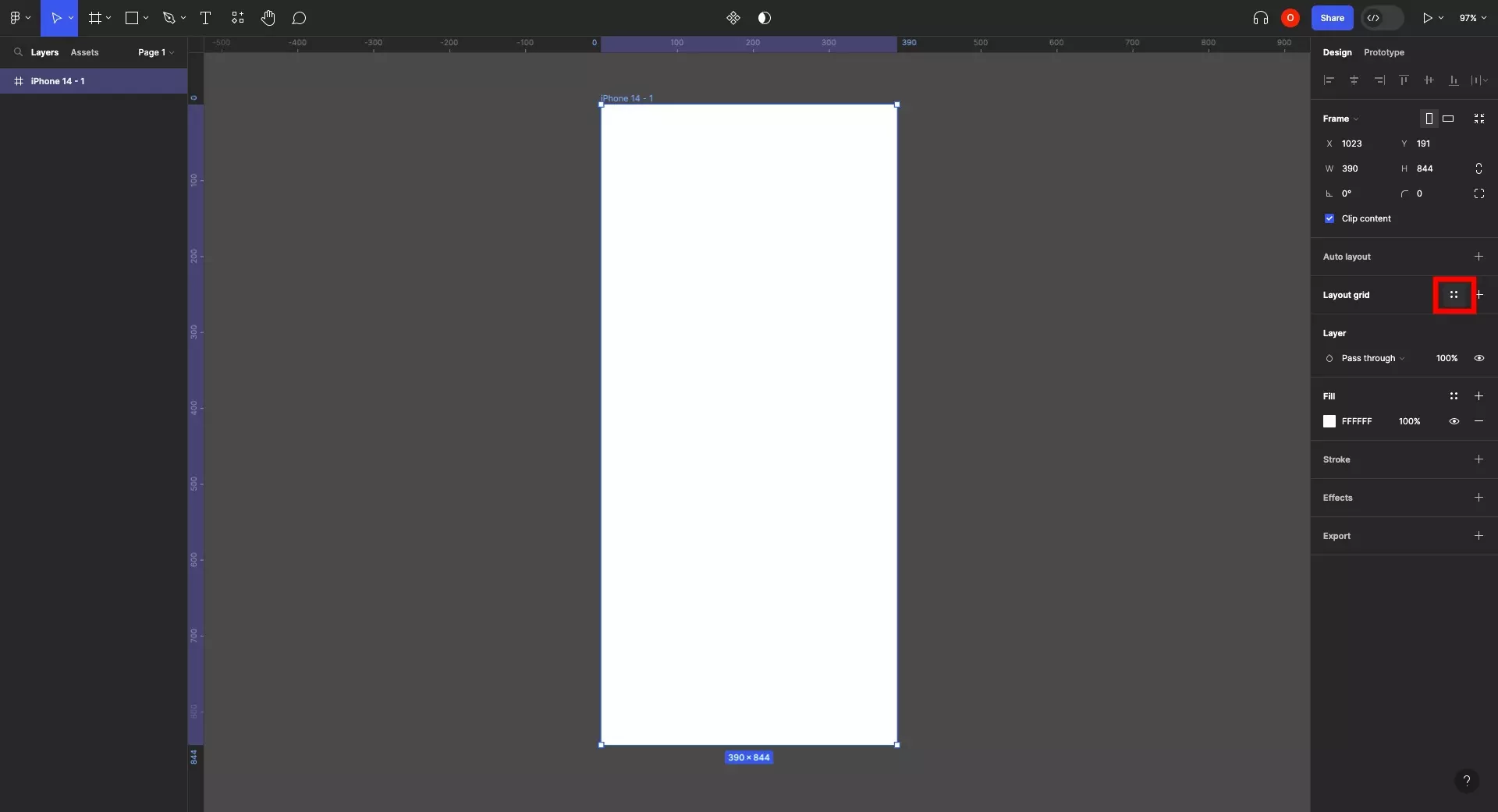 A screenshot of Figma showing that if you select a frame and hover over the Layout grid on the right menu side bar, an icon made up of four squares appears that will allow you to open up the Grid Styles menu.