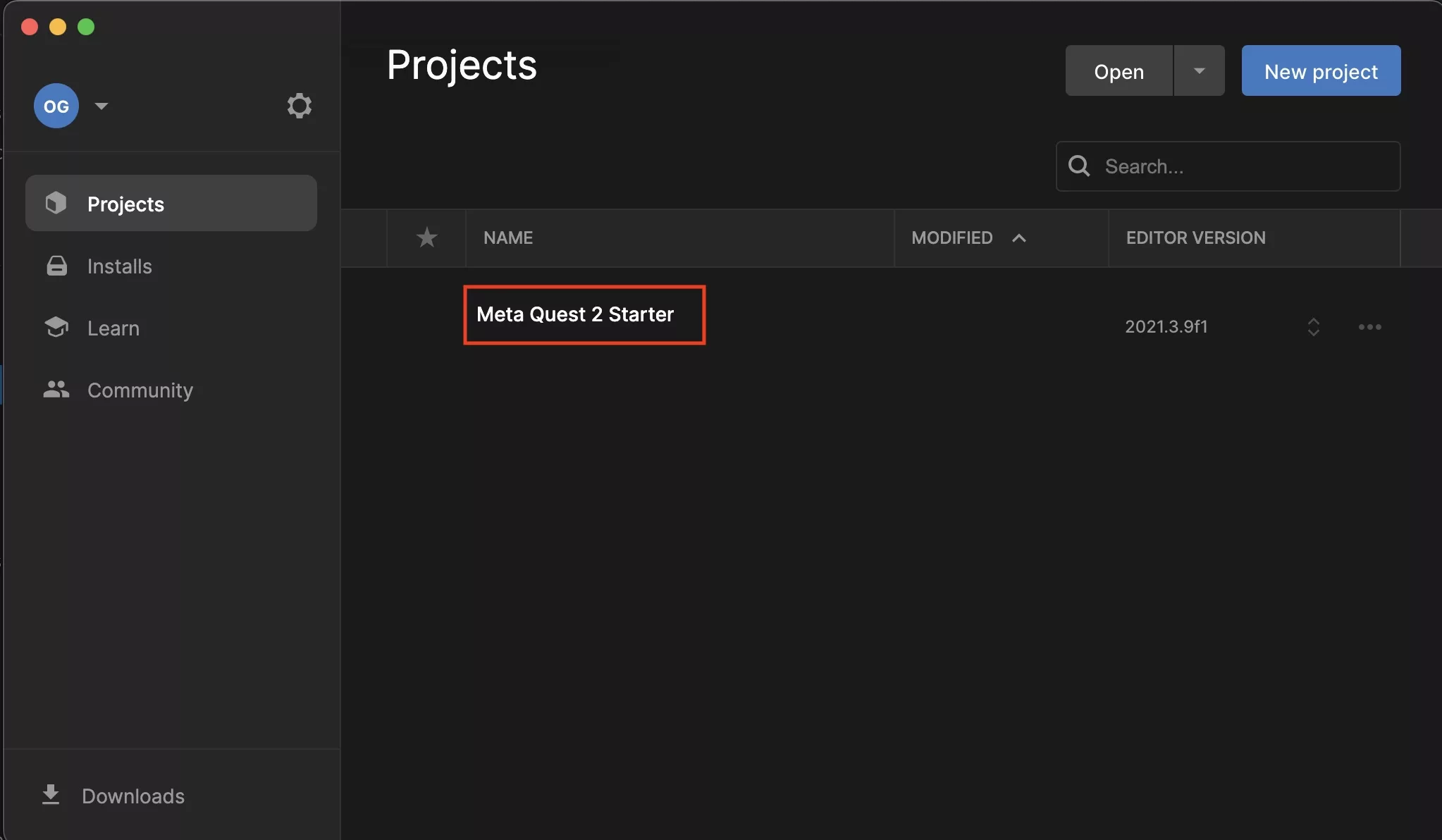 A screenshot of Unity suggesting how to open a project.