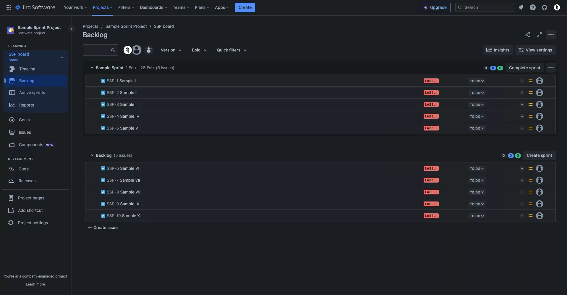 A screenshot of JIRA showing a Sample JIRA project setup for Sprints.