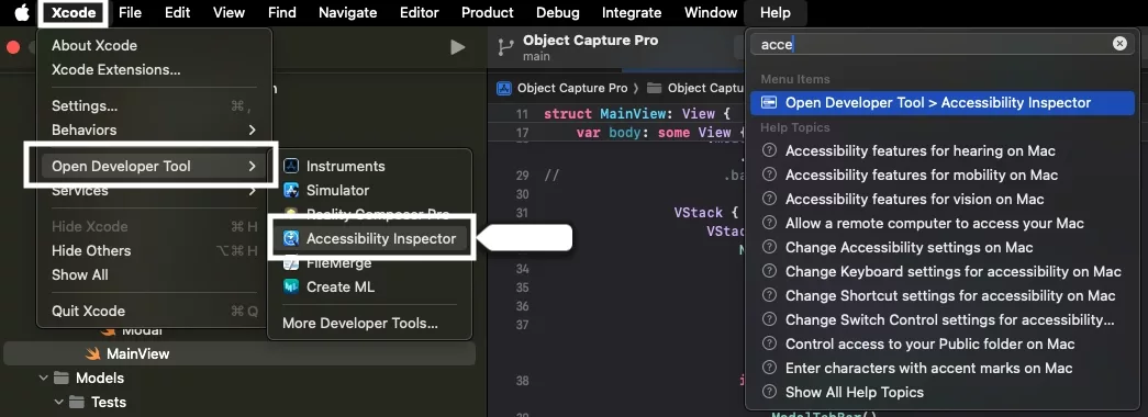 A screenshot showing how the Accessibility Inspector is found in the XCode menu under Open Developer Tools.