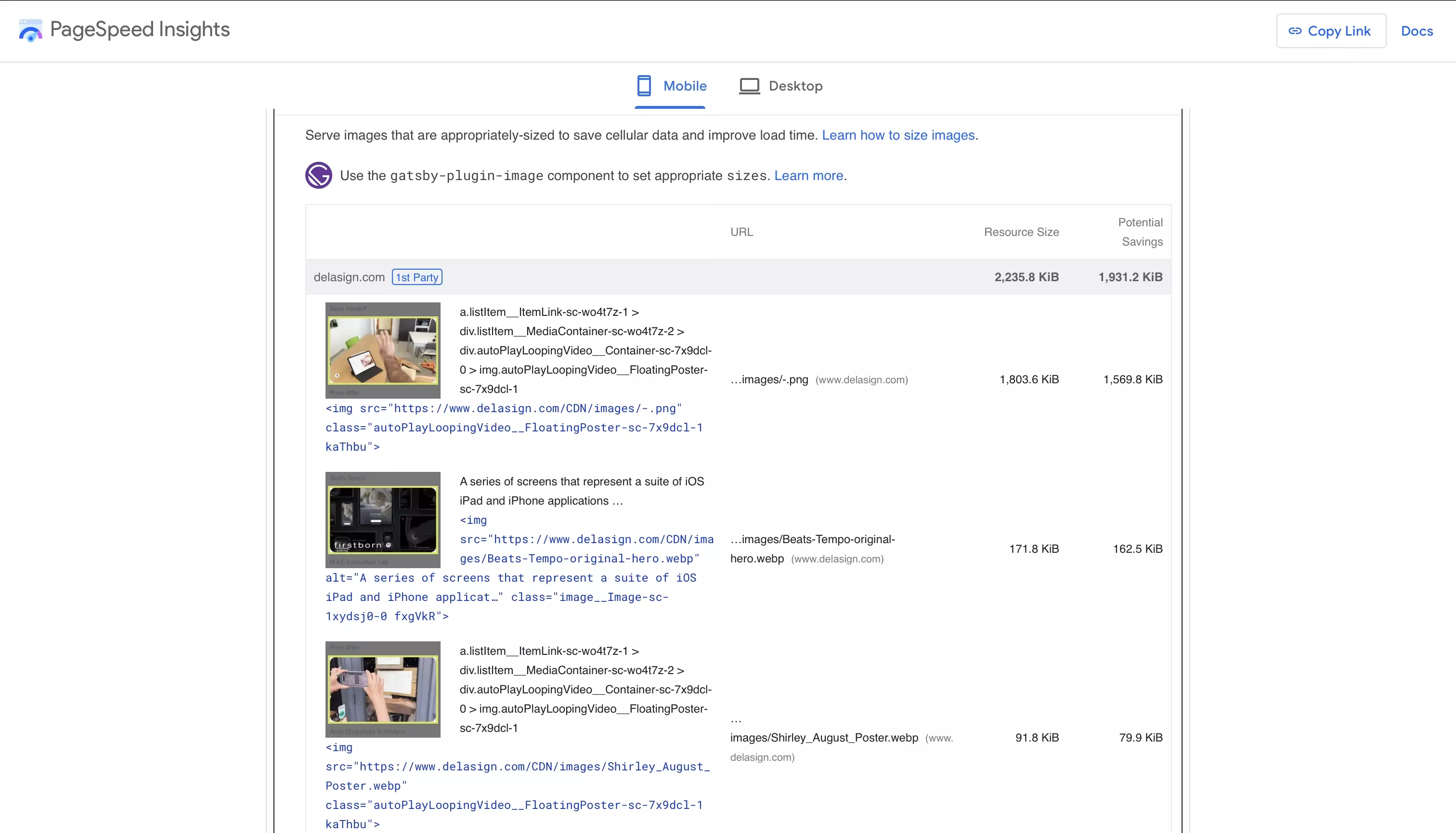 A screenshot of PageSpeed Insights showing how you can learn how to optimize your webpage's videos and images.