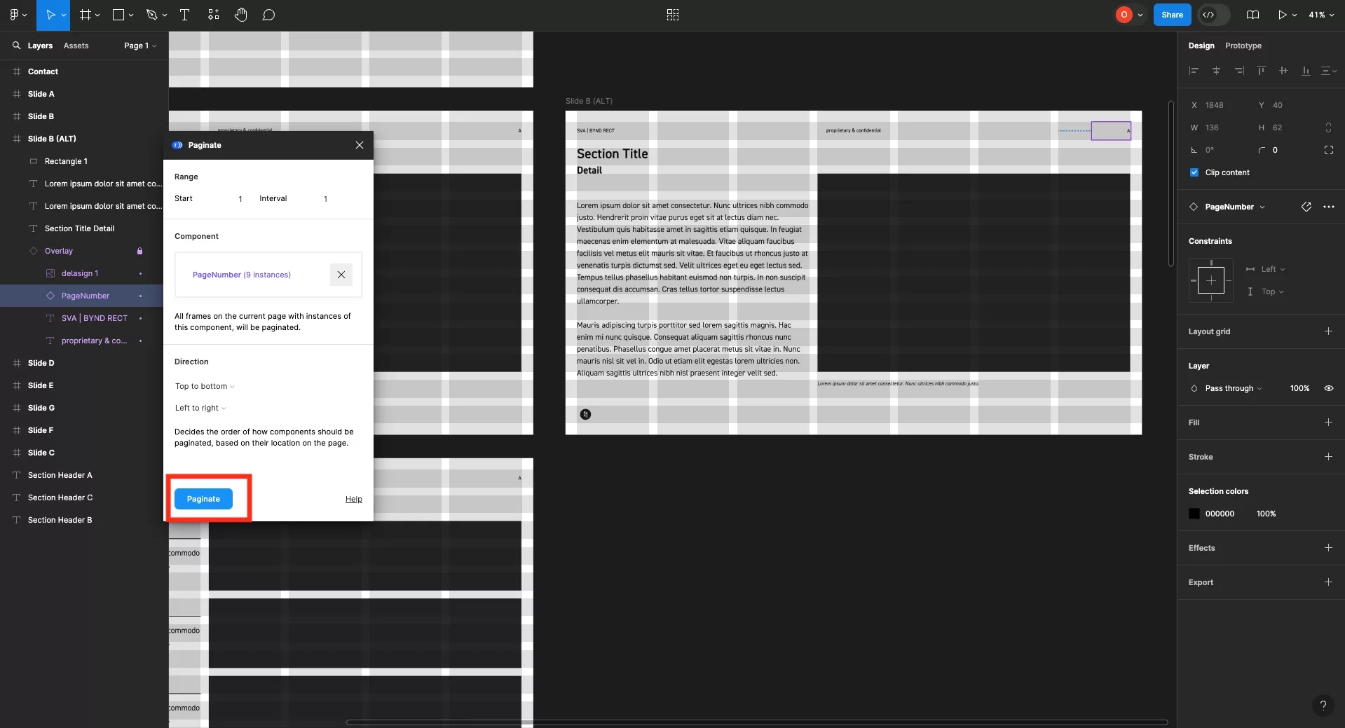 A screenshot of Figma highlighting the Paginate button within the Paginate plugin window.