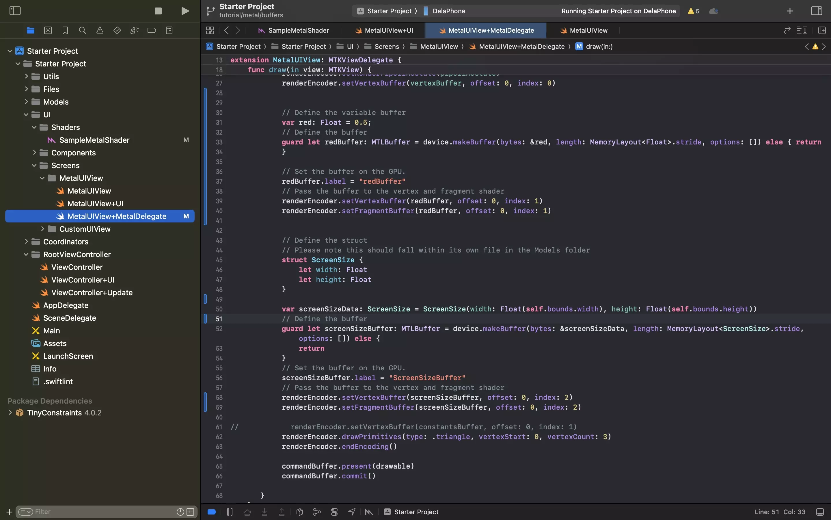 A screenshot of Xcode showing the MetalUIView+MetalDelegate.swift file that demonstrates how to create a buffer from a variable or a struct. The code to do this is found below.