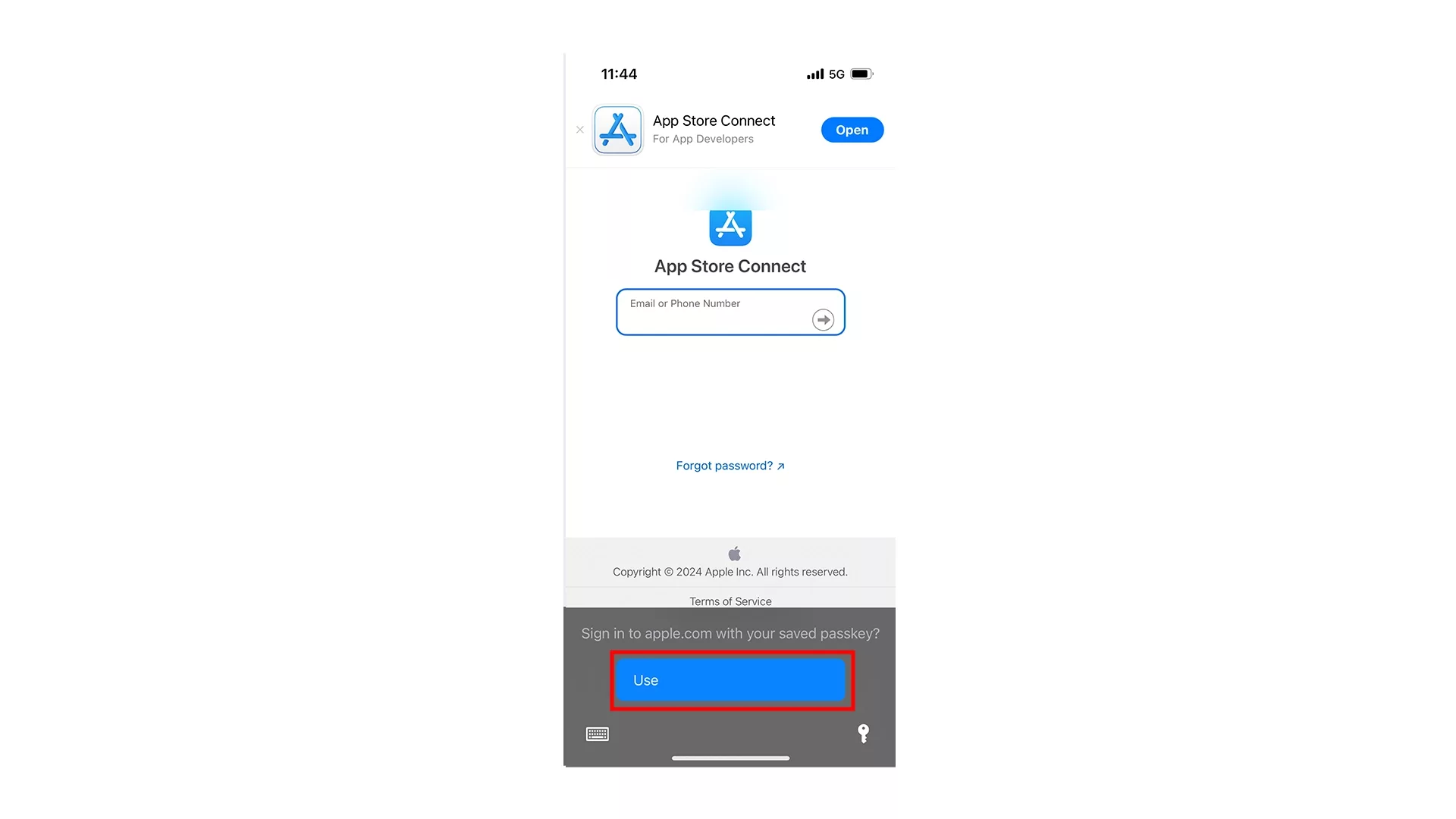 A screenshot of an iPhone showing you the modal that appears when you press a username on a website that allows passkeys. A blue button allows you to login with the saved passkey from the Apple Password Manager.<br /><br />