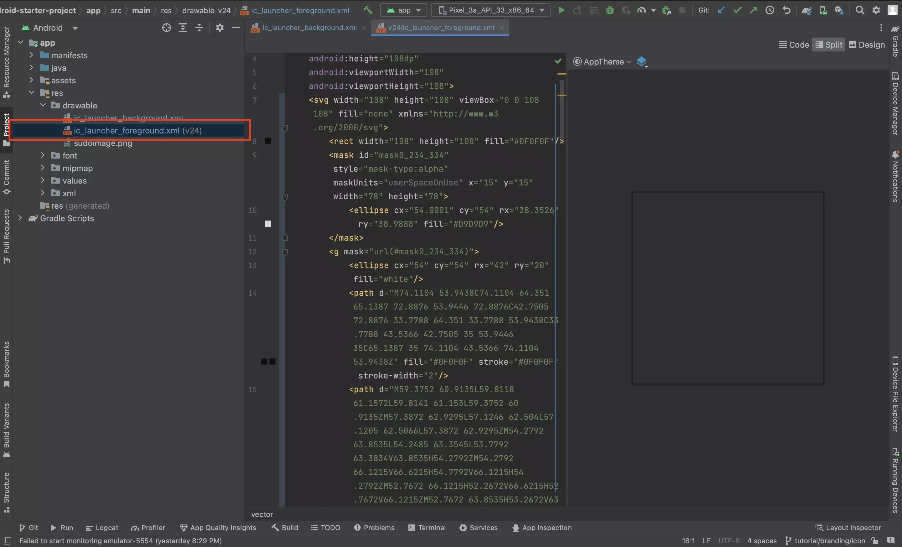 A screenshot of Android Studio showing ic_launcher_foreground.xml file. It shows the code that was pasted from Figma.