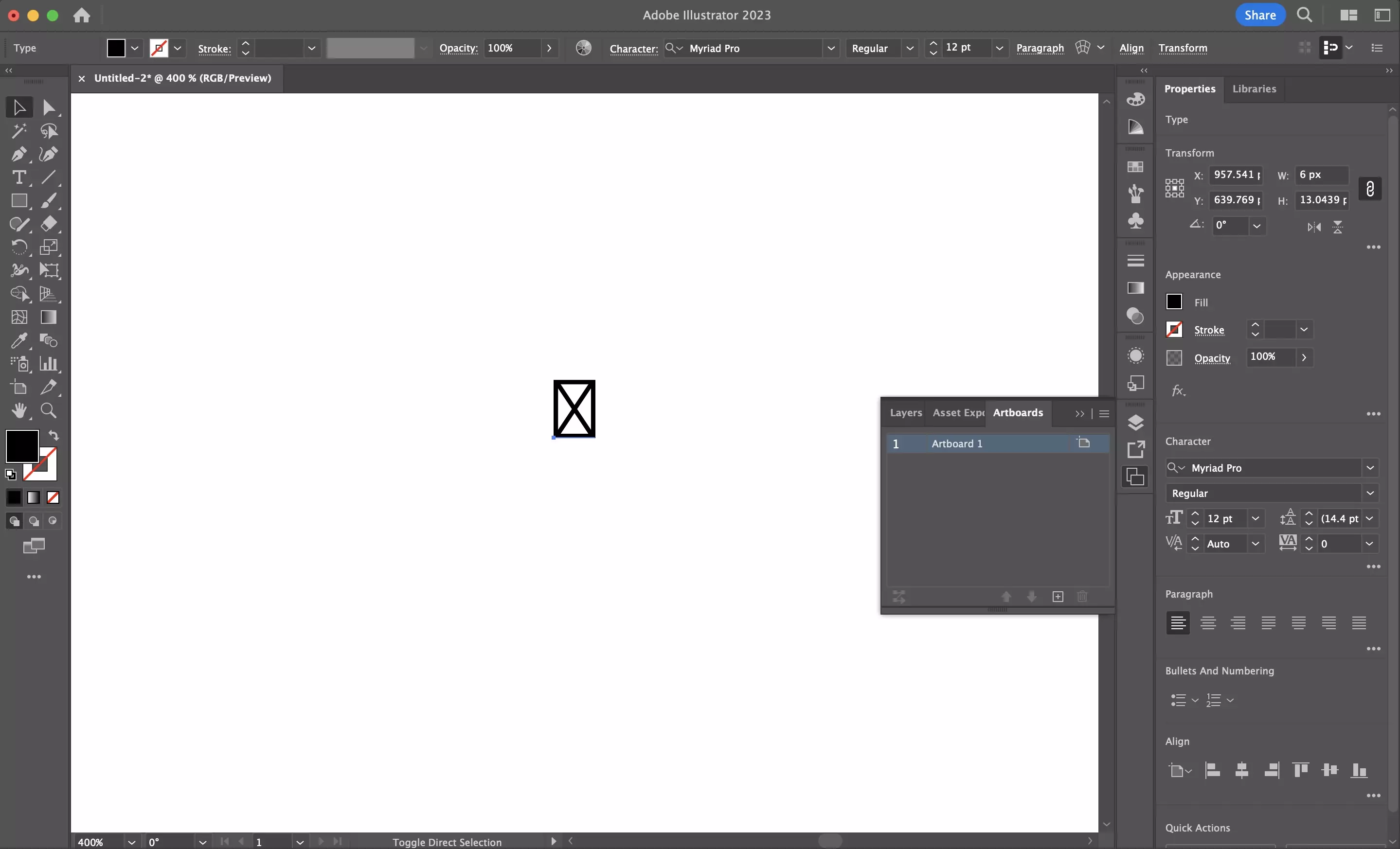 A screenshot of Adobe Illustrator showing that the symbol has been pasted into the file. It does not appear as expected and instead shows a box with a cross on it.