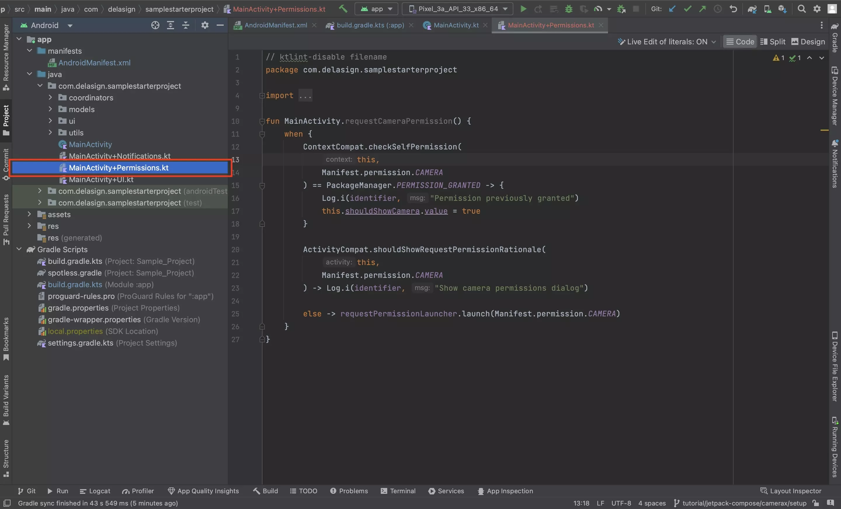 A screenshot of Android Studio showing the Permissions.kt file that we created along with the underlying functionality.