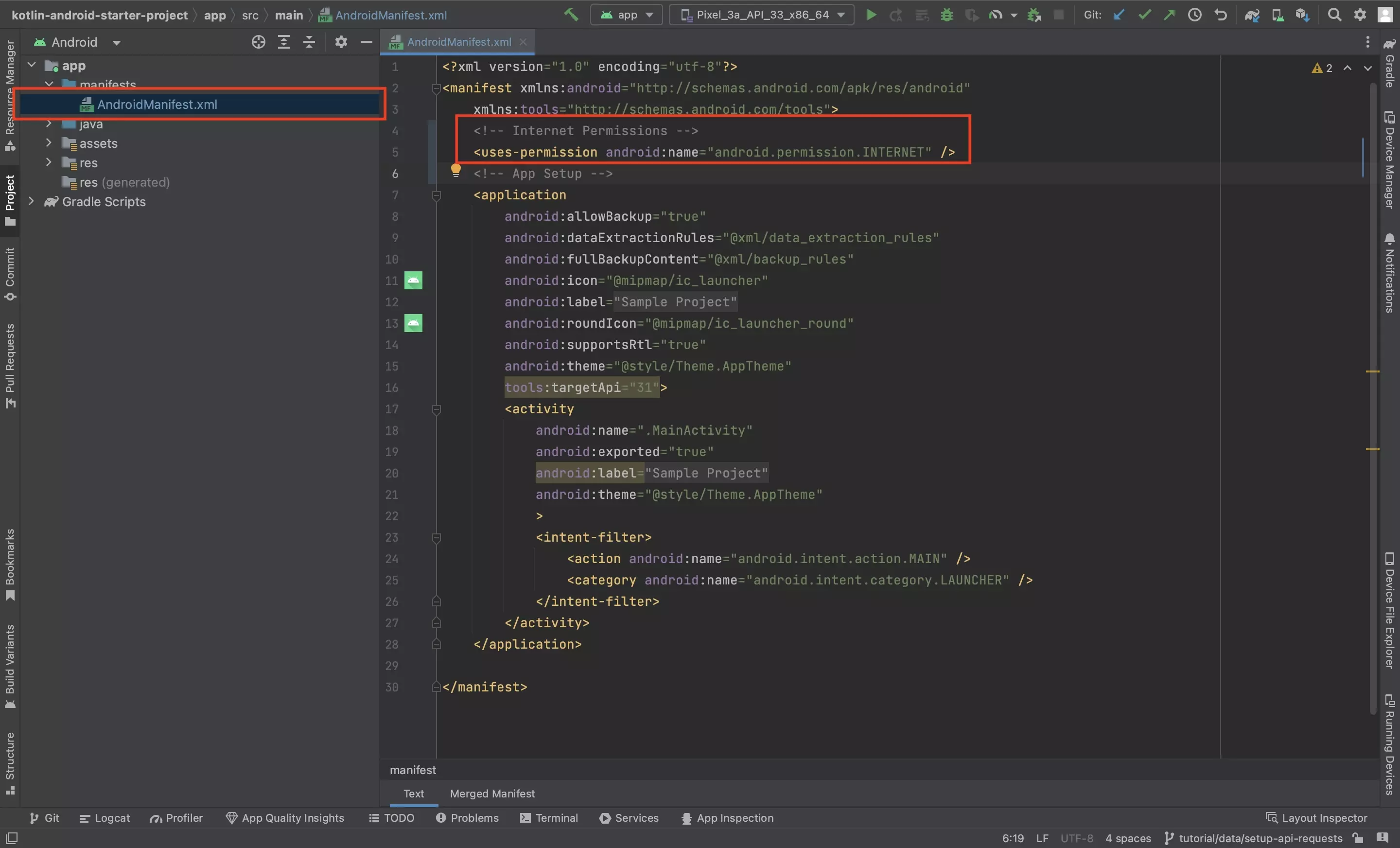 A screenshot of Android Studio showing the AndroidManifest.xml file. Highlighted is where we have added the permissions - this is above the application section of the manifest.