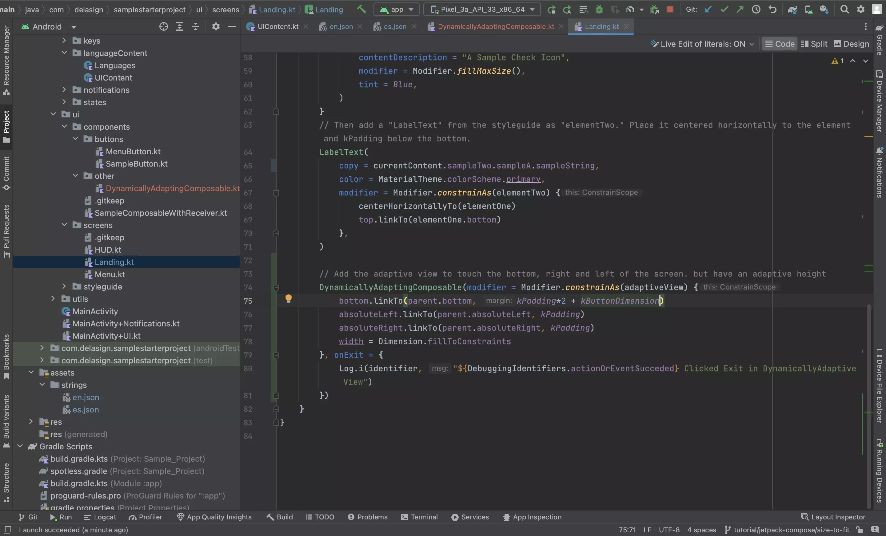 A screenshot of Android Studio showing you how we placed the composable within the UI of the app.