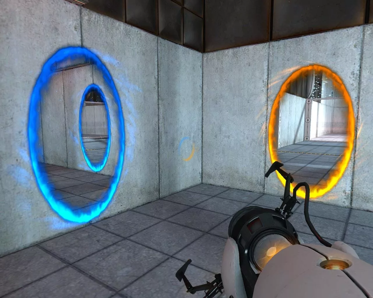 A picture that shows the game Portal. Two portals are shown on the walls, which allow a user to see another part of the scene through a camera that is created within the portal, which renders what the portal sees and presents it to the user.