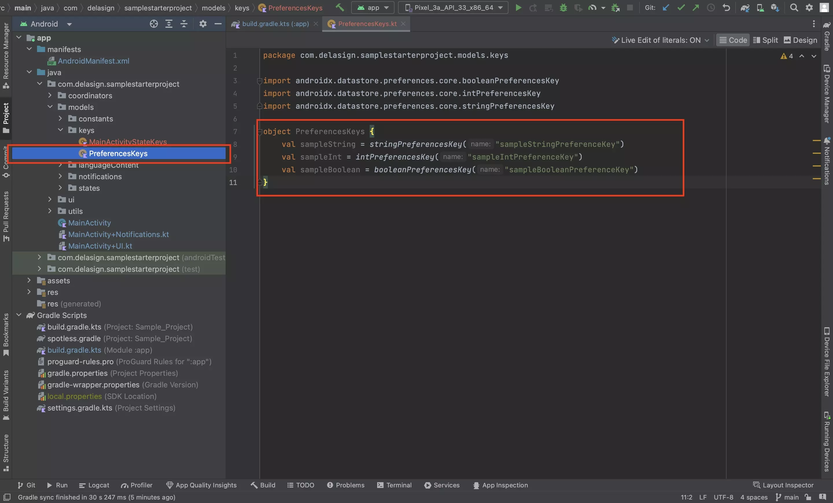 A screenshot of Android Studio showing the PreferencesKeys.kt file. We have created a file that holds an object with a value for each DataStore preference.