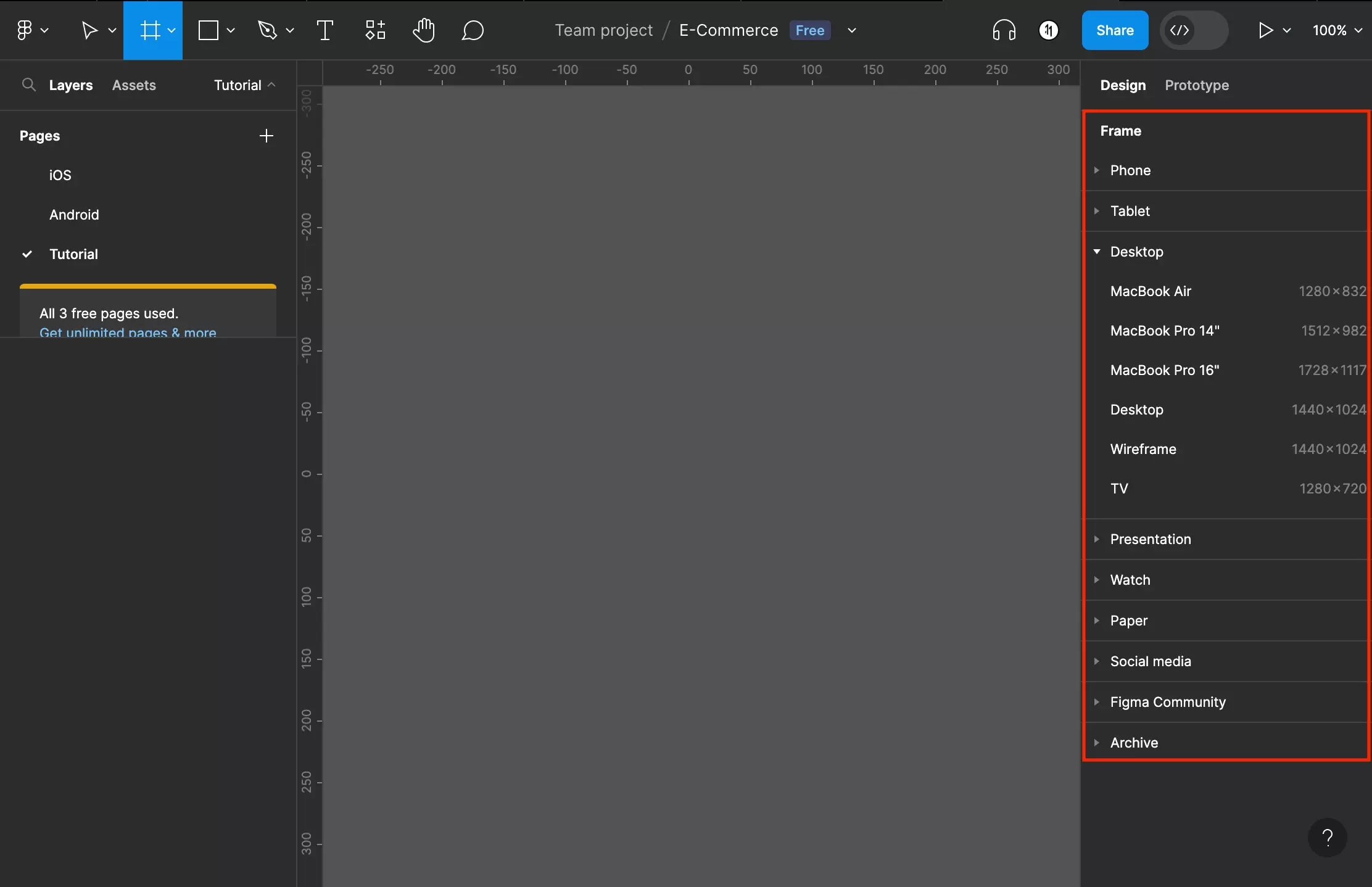 A screenshot of Figma that shows you how to select a frame preset. The options are found on the right side bar and allow you to select from preset sizes for common Phones, Tablets, Desktop computers, Presentations, Watches, Paper, Social Media, items from the Figma Community or an "Archive." Select a preset category to see what presets are available for that category and then click the one that you wish for it to draw the artboard on the Figma canvas.