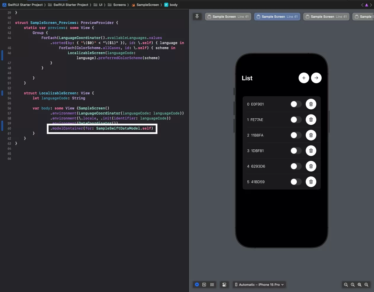 A screenshot of the code for the sample screen highlighting how we previewed the SwiftData by passing a .modelContainer to the preview.