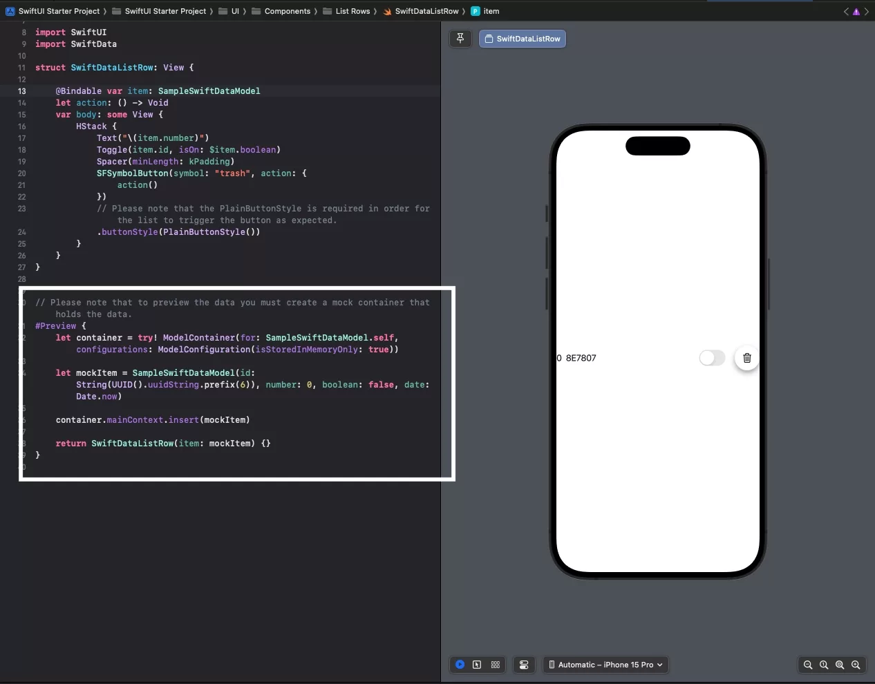 A screenshot of the code for the SwiftDataListRow view. Highlighted is how we created a mock SwiftData model container and item for the Swift Preview to demonstrate how data would be created.