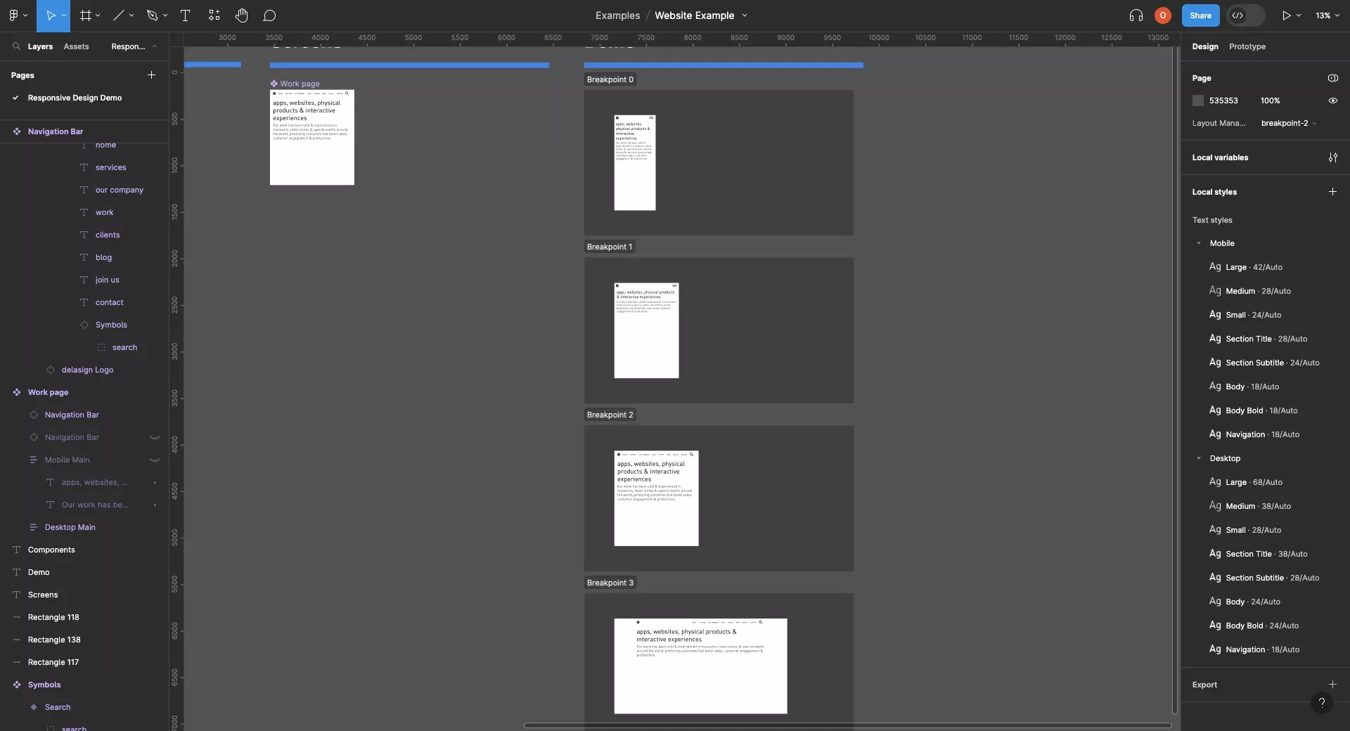 A screenshot of Figma that shows 4 sections for each of the 4 breakpoints of our design system. Each section is configured to the variables of a different breakpoint and Figma shows how the layout changes and the type adapts across the breakpoints.