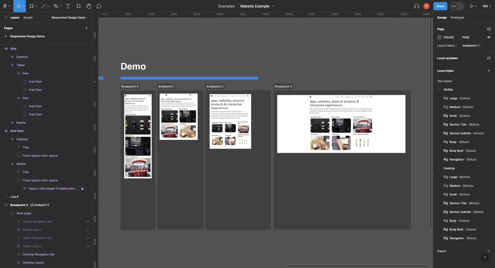 A screenshot of Figma showing 4 sections that are each set to a breakpoint within our design system. Each section contains a work component that has demonstrates the visual for the work page for that breakpoint.