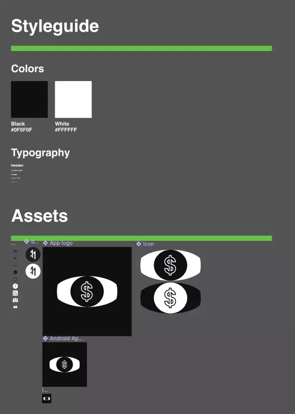 The Styleguide from our Price After App. It shows the colors, typography and assets.