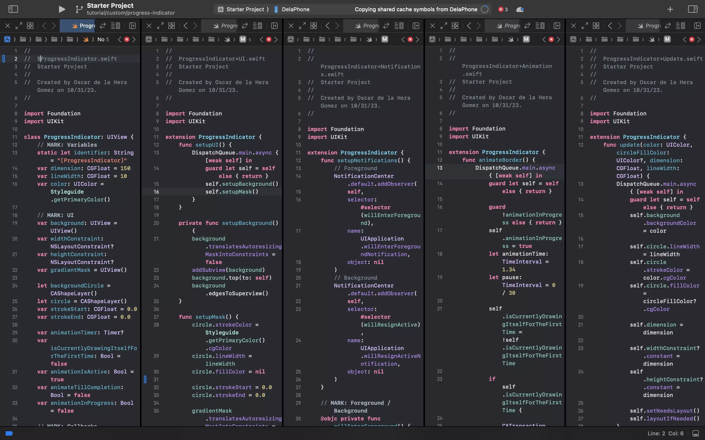 A screenshot of Xcode showing all the files that we created for the progress indicator as part of this step.