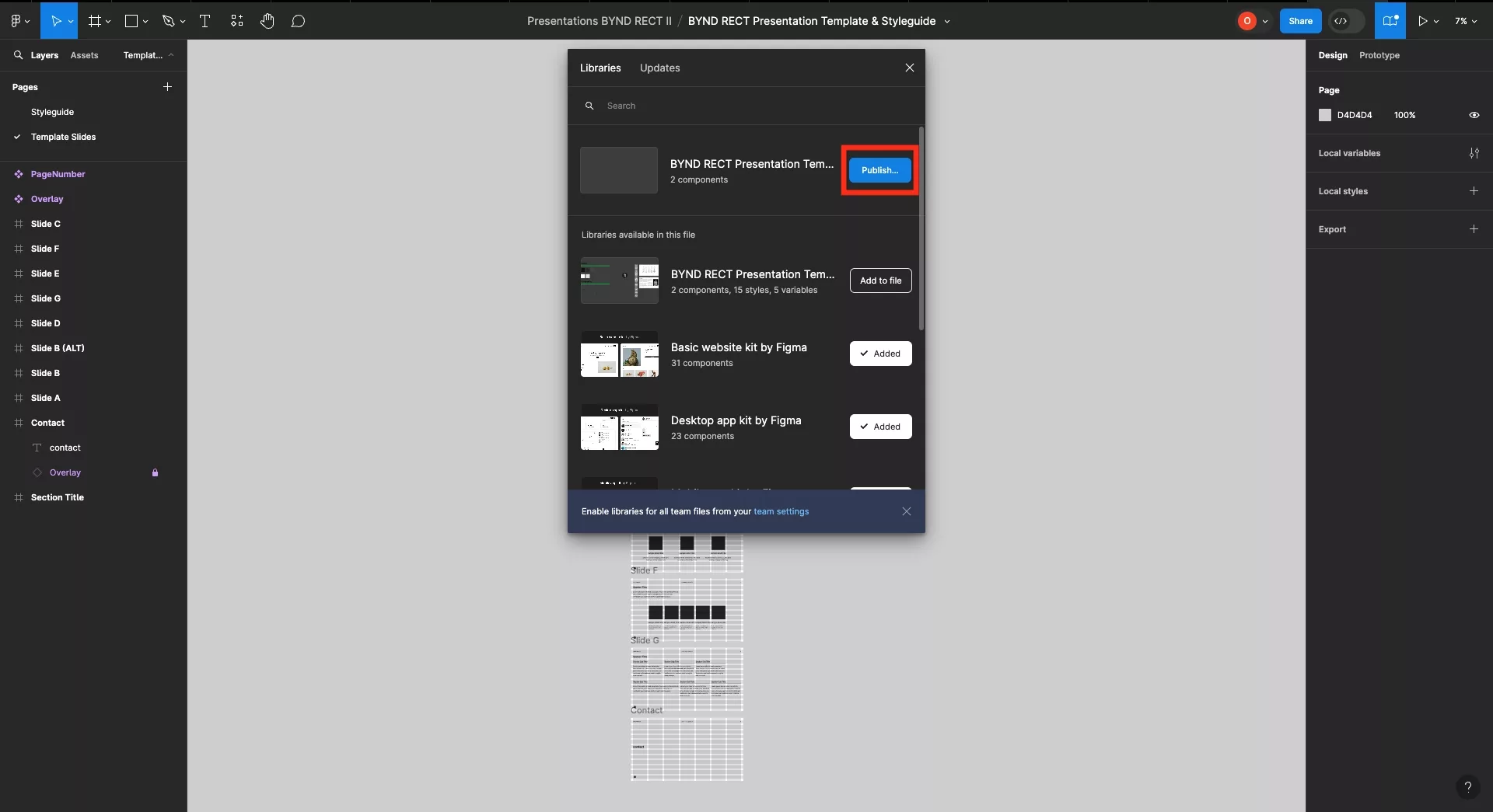 A screenshot of Figma that shows the Libraries modal. Highlighted on it is a "Publish" button.