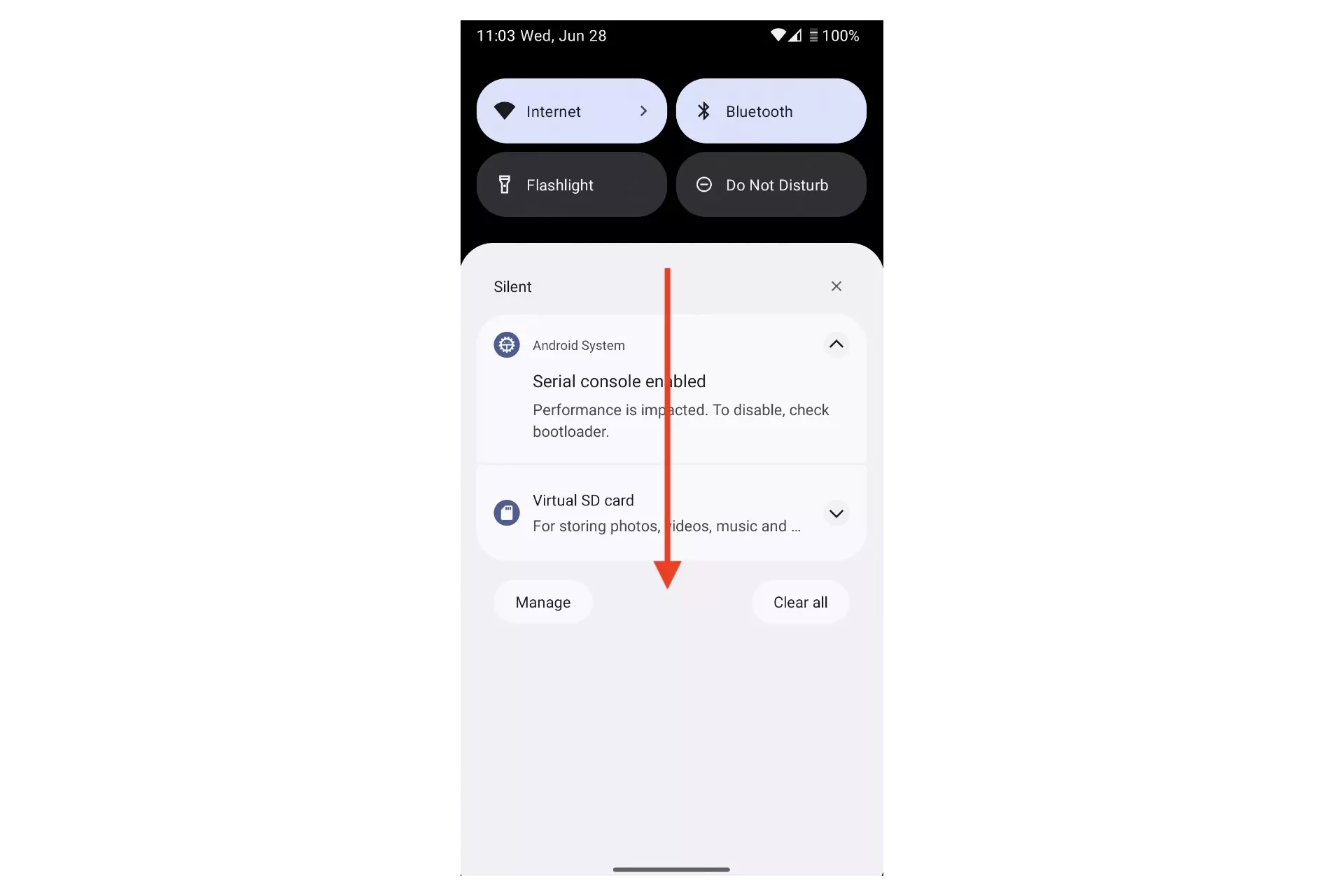 A screenshot of the Android Studio Emulator  settings screen with an arrow in the center of the screen, showing you that you might need to swipe again to find the Auto-Rotate settings.