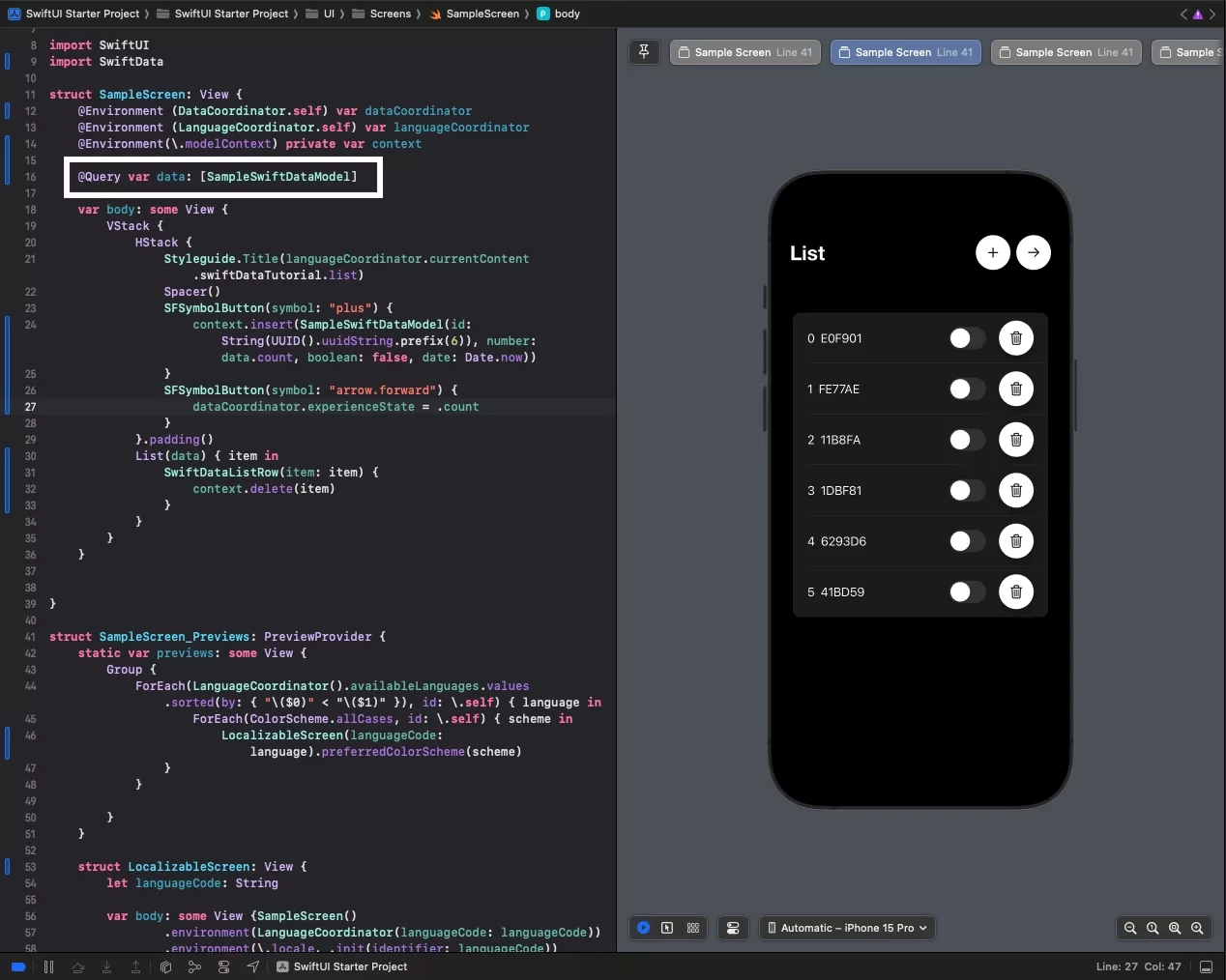 A screenshot of the SampleScreen code highlighting the Query macro that we used to gather all the swift data objects for a model.