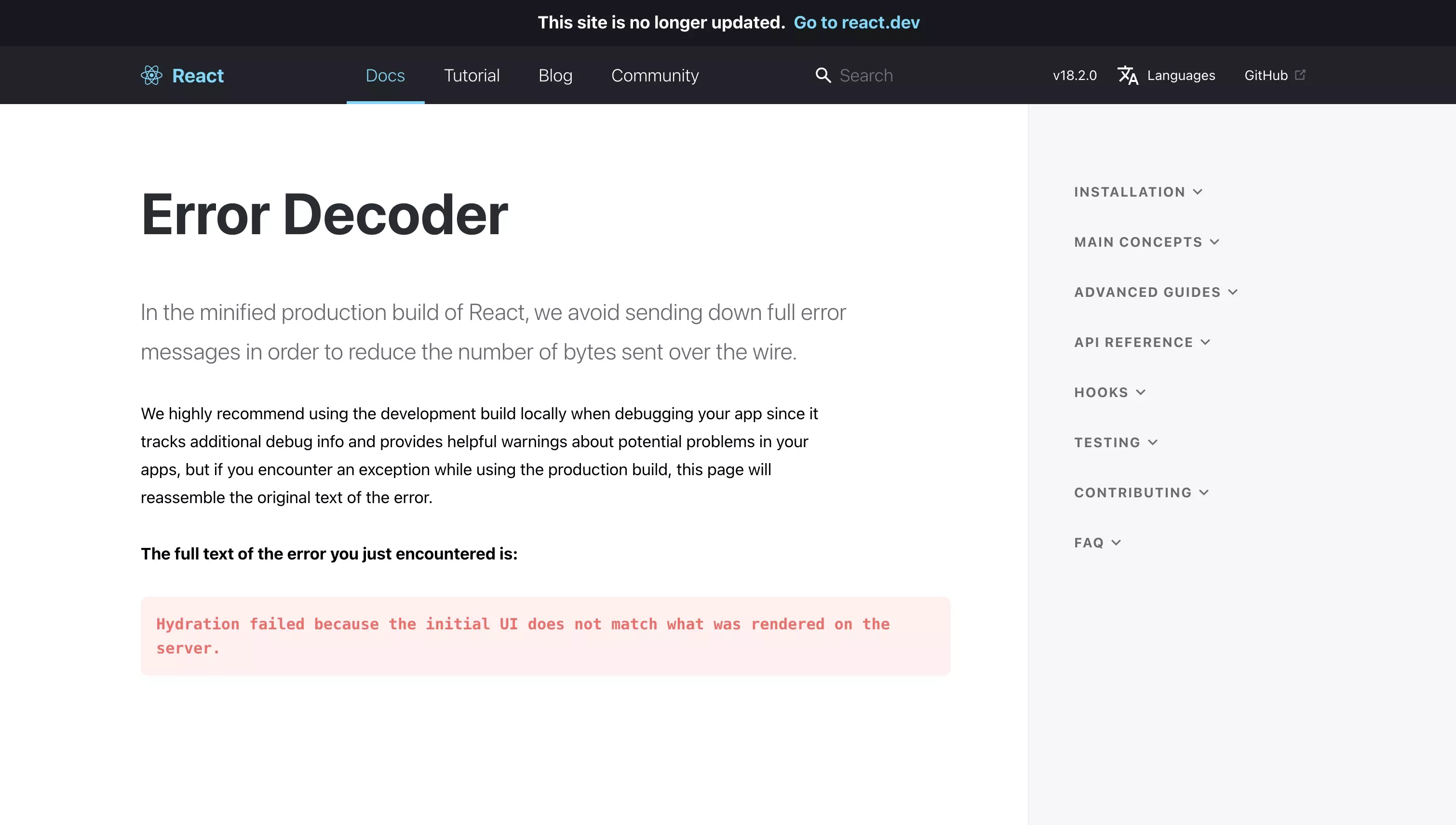 A screenshot of the ReactJS webpage that describes the error. The error 418 can be described as "Hydration failed because the initial UI does not match what was rendered on the server."