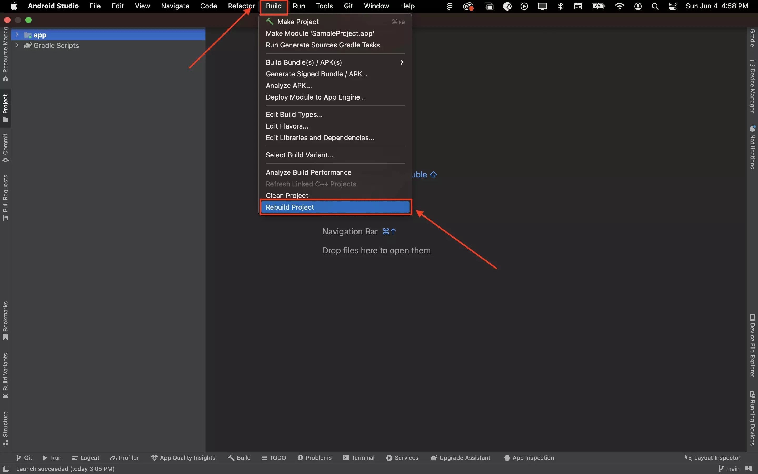 A screenshot of Android Studio show you how to rebuild the project. Its highlighting the Build menu and the Rebuild Project option.